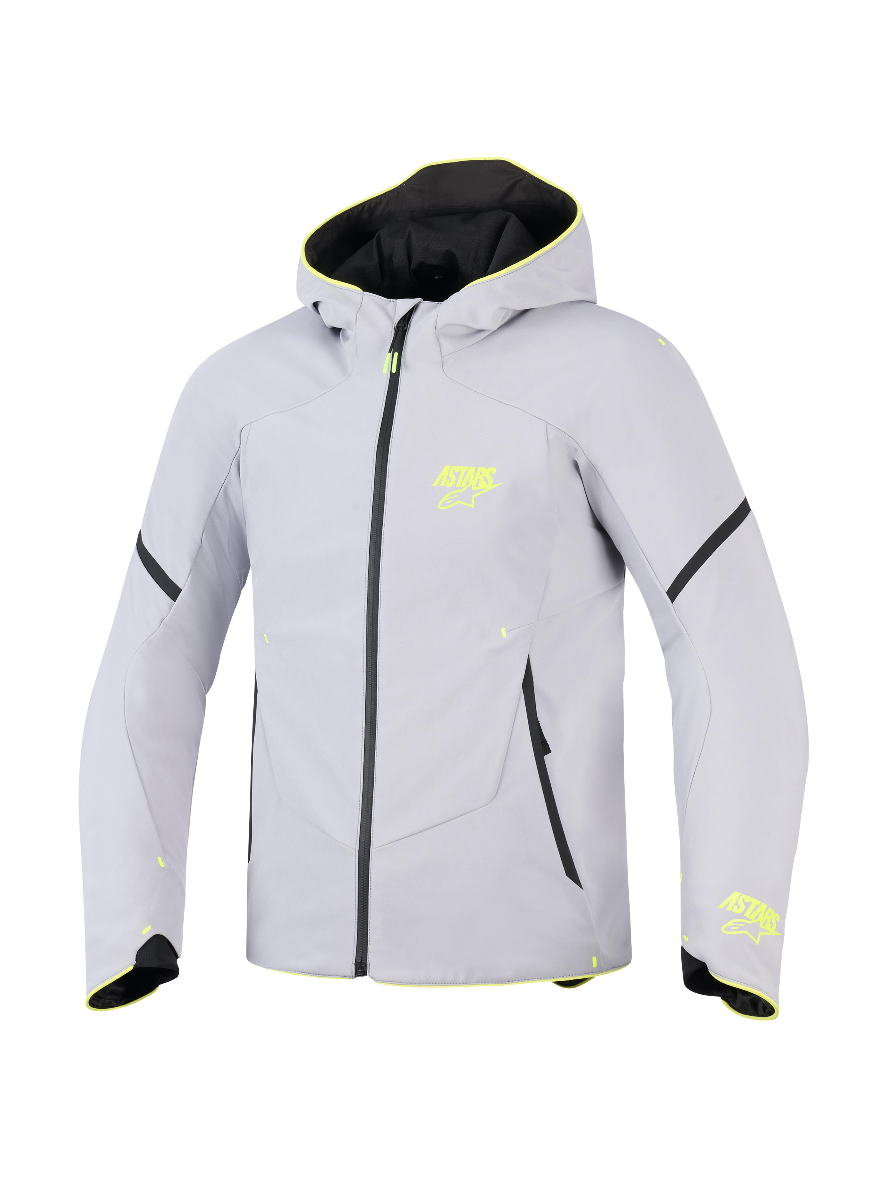 Alpinestars Aeroshell vandtæt jakke, mellemgrå og gul fluo, sports-softshell motorcykeljakke med hætte, med neongule ASTARS-logoer, sort vandtæt lynlås og moderne atletisk pasform.