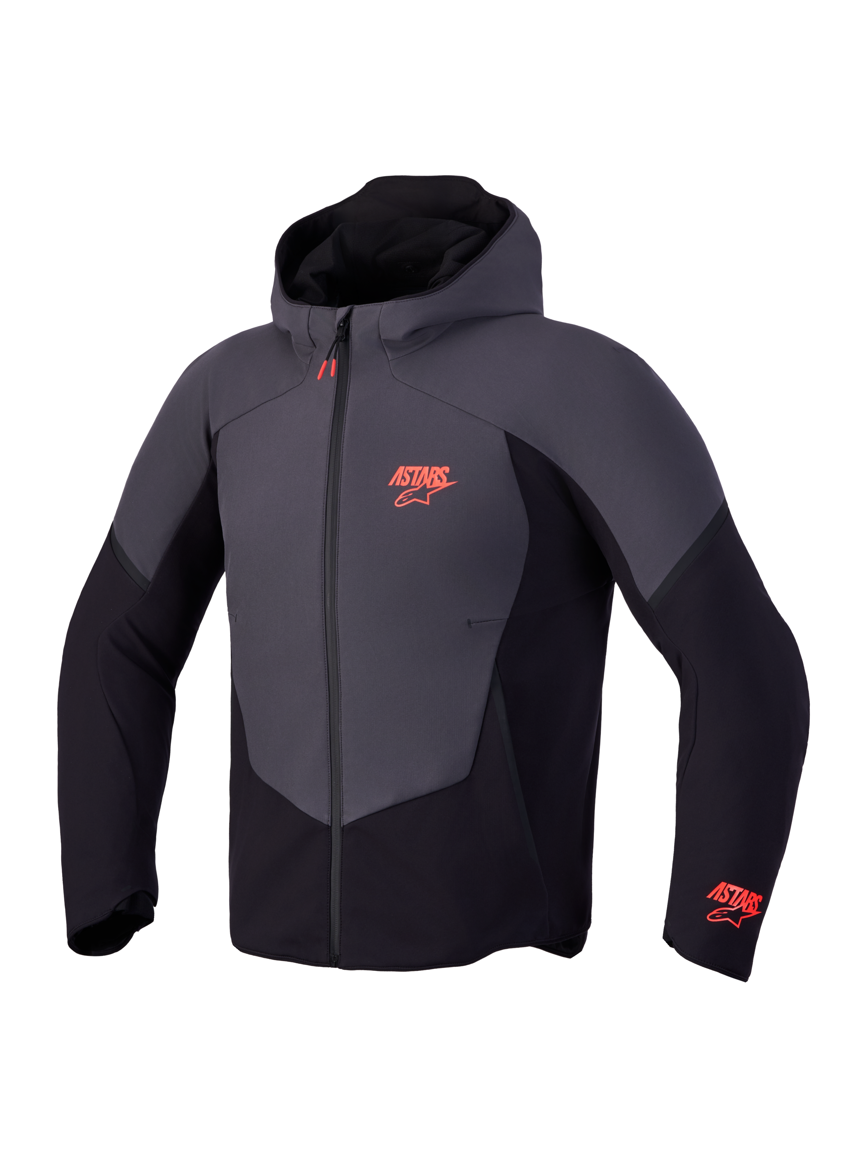 Alpinestars Aeroshell Waterproof Jacket, Men's Motorcycle Softshell Hoodie in Black and Dark Gray, featuring orange Astars chest and sleeve logos, waterproof front zipper, and fixed hood