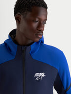 Alpinestars Aeroshell Waterproof Jacket, Men's Night Navy and Bright Blue motorcycle sport hoodie with a white ASTARS logo and waterproof front zipper
