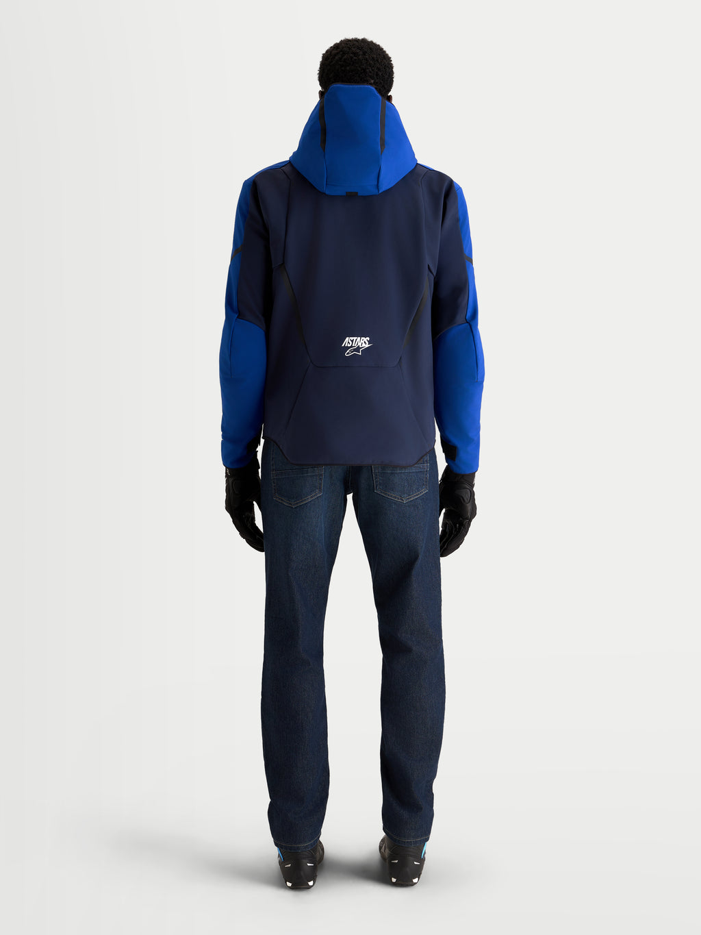Alpinestars Aeroshell Waterproof Jacket, Men's Night Navy and Bright Blue motorcycle sport jacket shown from the back with an open-slot hood and CE-certified protection