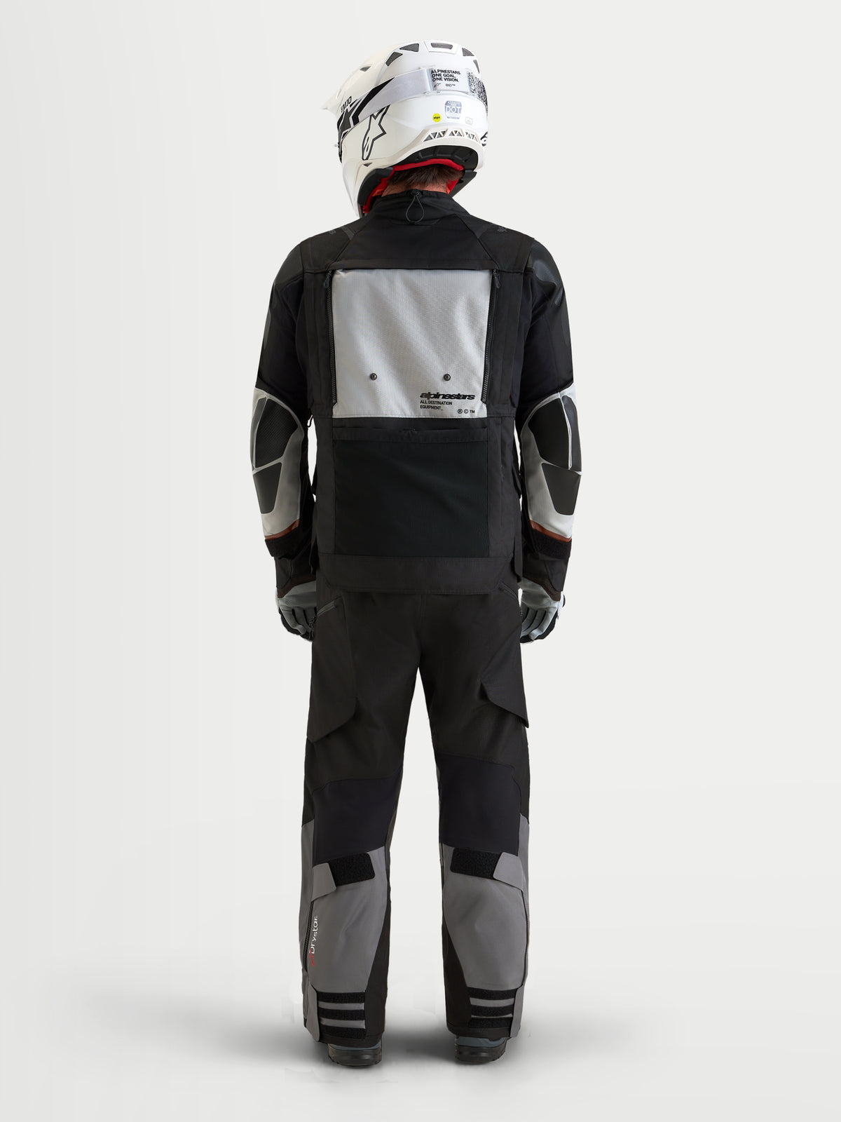 Alpinestars Harok V2 Drystar jakke, adventure touring-motorcykeljakke, mørkegrå, isgrå og sort, set bagfra med modulært ventilationspanel og CE-beskyttelse