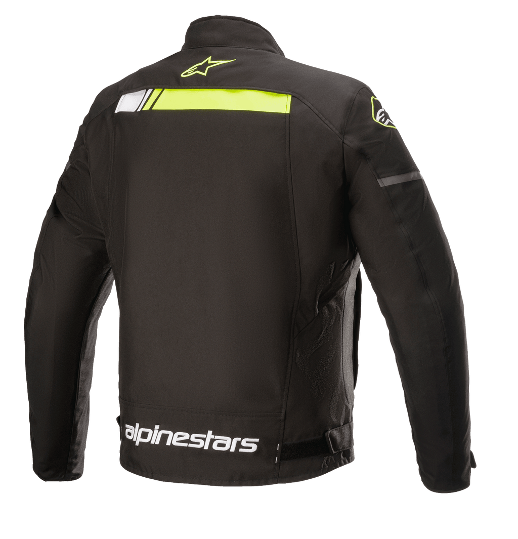 Alpinestars T-SP S Ignition Waterproof Jacket, Textile Motorcycle Jacket, Black and Yellow Fluo, rear view featuring a horizontal neon yellow stripe across the upper back, white alpinestars logo on the waist, and small yellow star logo on the collar