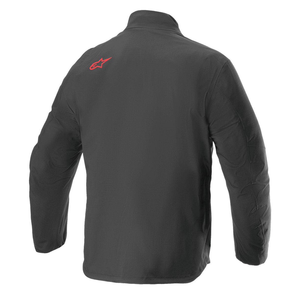 Alpinestars AMT Storm Gear Drystar® XF jakke, vandtæt motorcykeljakke, sort, set bagfra med et rødt Alpinestars-logo på den øverste skulder, holdbar tekstil-ripstop-konstruktion med forlænget ryg for ekstra dækning