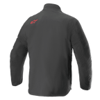 Alpinestars AMT Storm Gear Drystar® XF jakke, vandtæt motorcykeljakke, sort, set bagfra med et rødt Alpinestars-logo på den øverste skulder, holdbar tekstil-ripstop-konstruktion med forlænget ryg for ekstra dækning