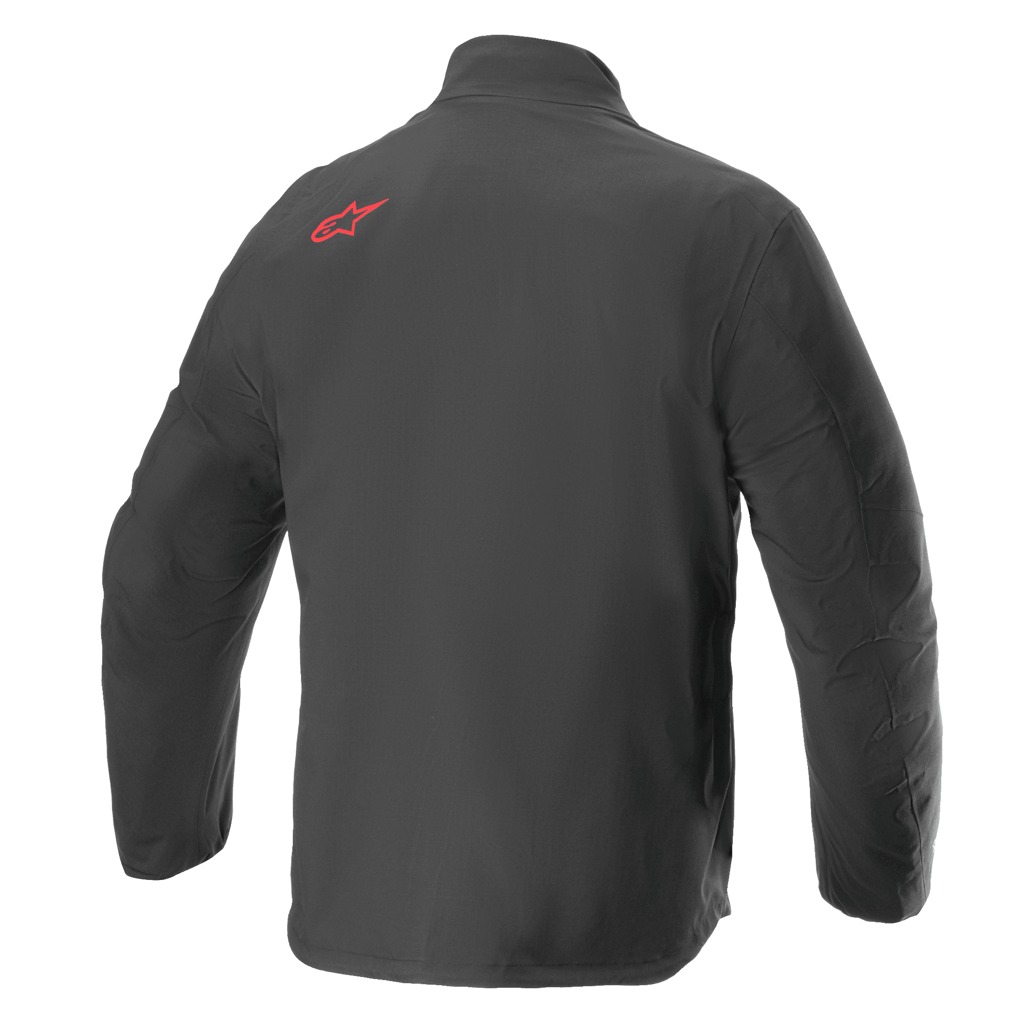 Alpinestars AMT Storm Gear Drystar® XF jakke, vandtæt motorcykeljakke, sort, set bagfra med et rødt Alpinestars-logo på den øverste skulder, holdbar tekstil-ripstop-konstruktion med forlænget ryg for ekstra dækning