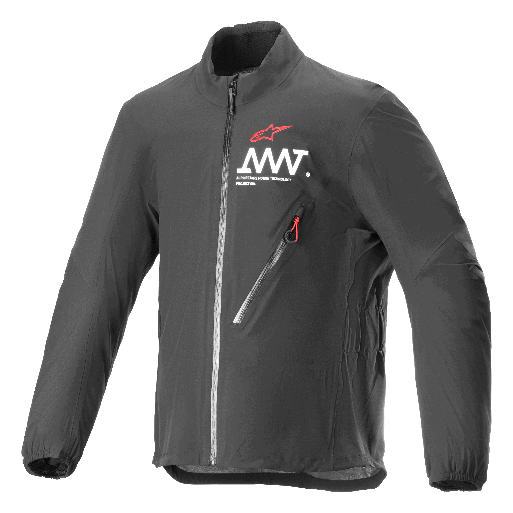 Alpinestars AMT Storm Gear Drystar XF jakke, sort, vandtæt og åndbar motorcykeljakke, med høj krave, diagonal brystlomme med lynlås og rød strop, og hvidt AMT-logo på brystet.