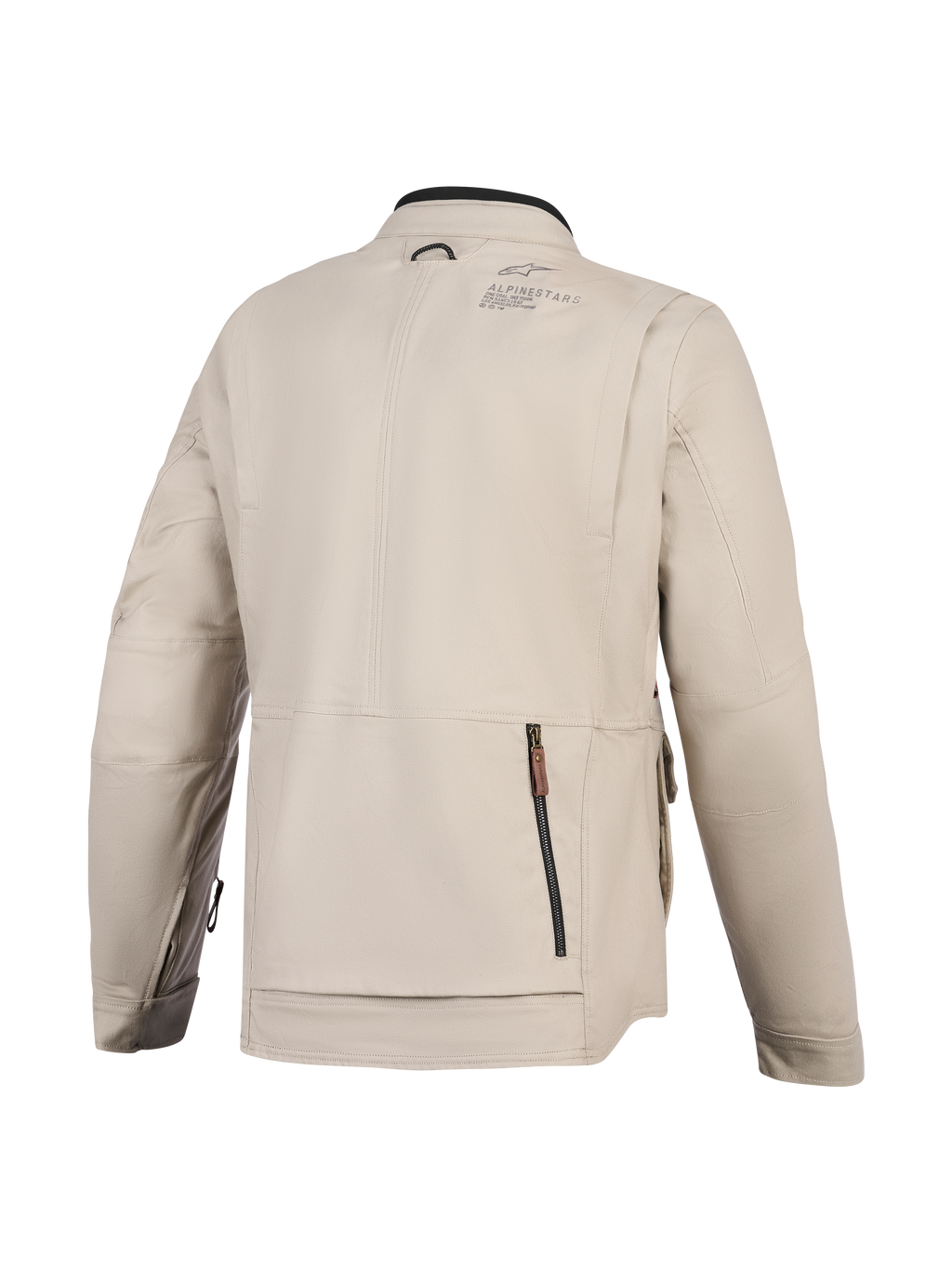 Alpinestars Borrego Drystar® jakke, motorcykeljakke, Warm Gray, set bagfra med et stort bagrum med lynlås, slidstærk tekstillærred-konstruktion med Alpinestars-branding på skulderen, eventyrklart design
