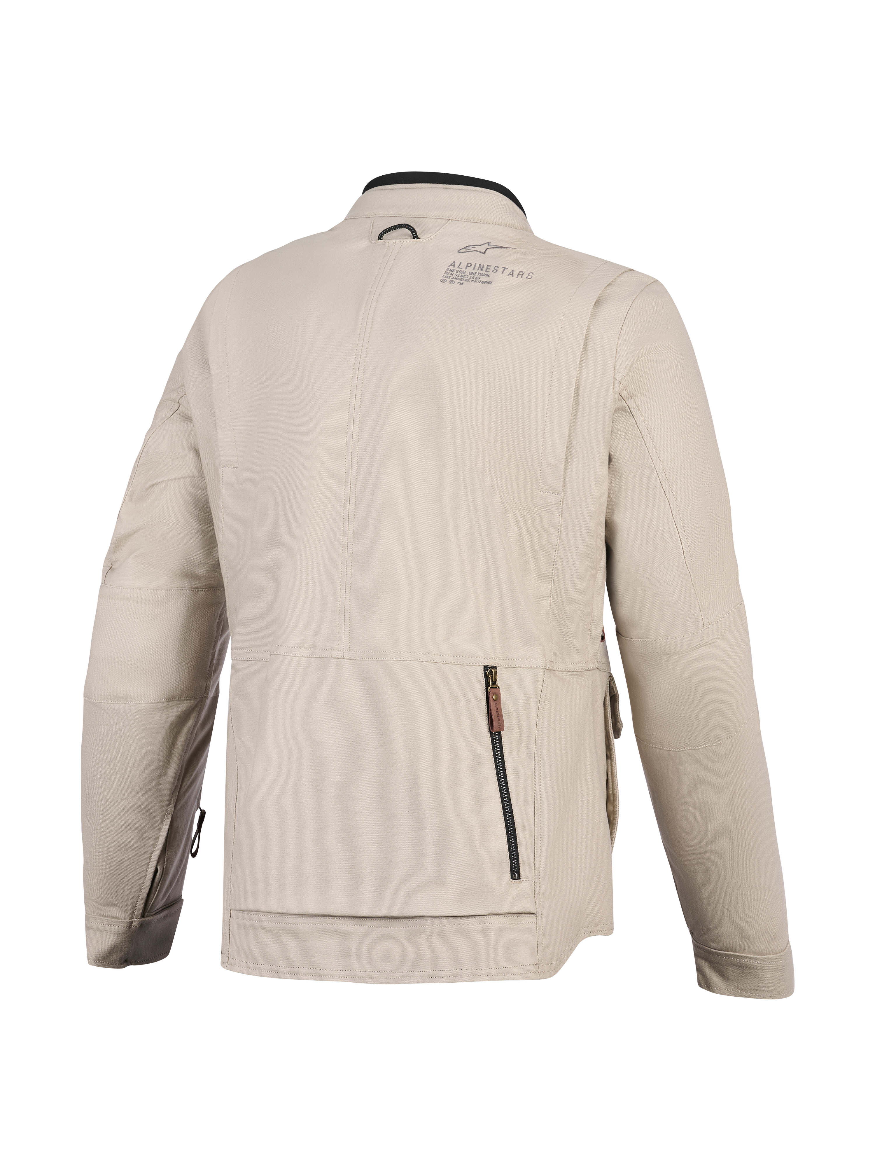 Alpinestars Borrego Drystar® jakke, motorcykeljakke, Warm Gray, set bagfra med et stort bagrum med lynlås, slidstærk tekstillærred-konstruktion med Alpinestars-branding på skulderen, eventyrklart design