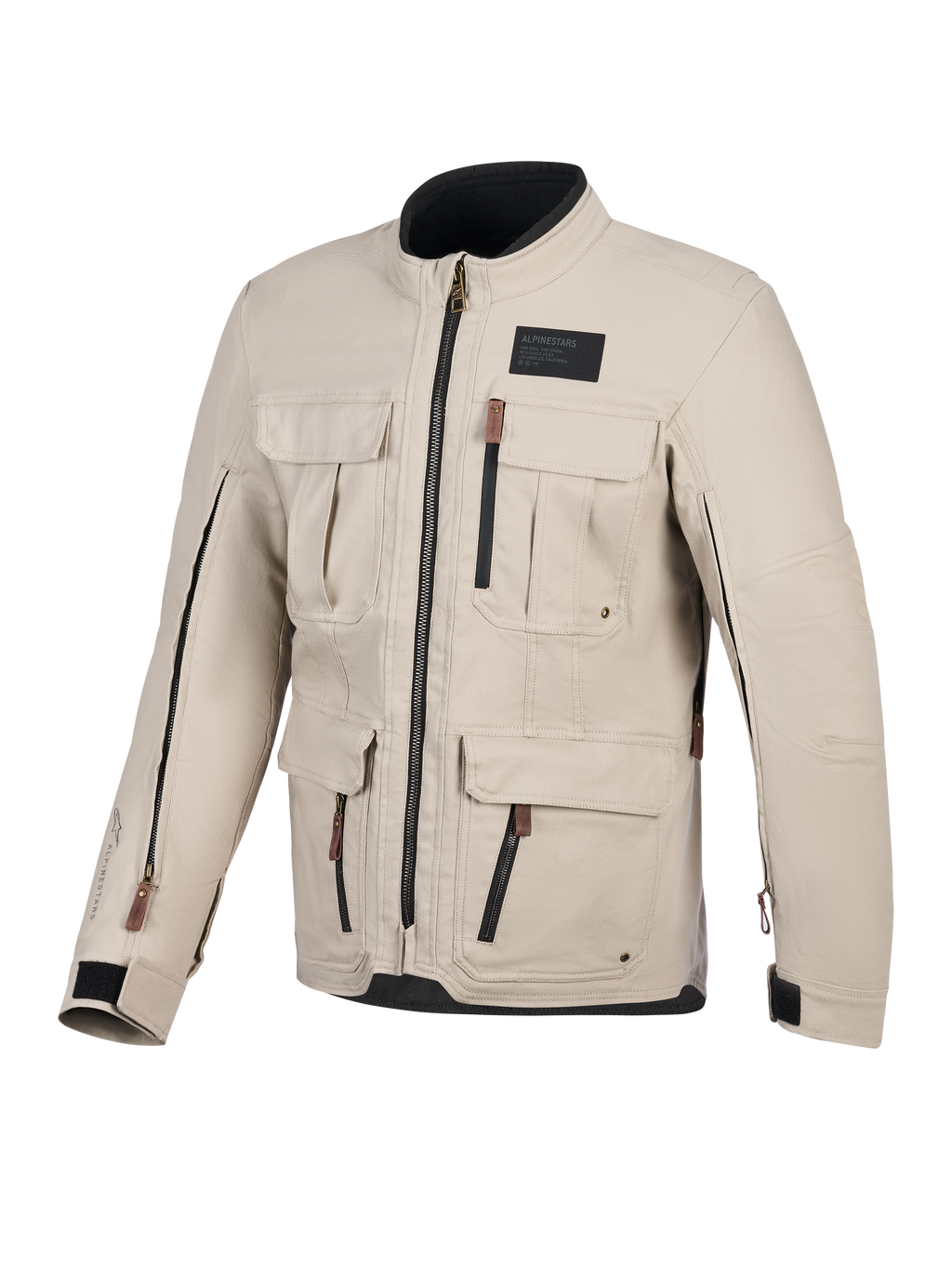 Alpinestars Borrego Drystar® jakke, motorcykeljakke, varm grå, set forfra med flere cargo-lommer, sorte lynlåse med brune stropper, voksbehandlet lærredstekstur og et sort branding-mærke på brystet