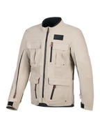 Alpinestars Borrego Drystar® jakke, motorcykeljakke, varm grå, set forfra med flere cargo-lommer, sorte lynlåse med brune stropper, voksbehandlet lærredstekstur og et sort branding-mærke på brystet