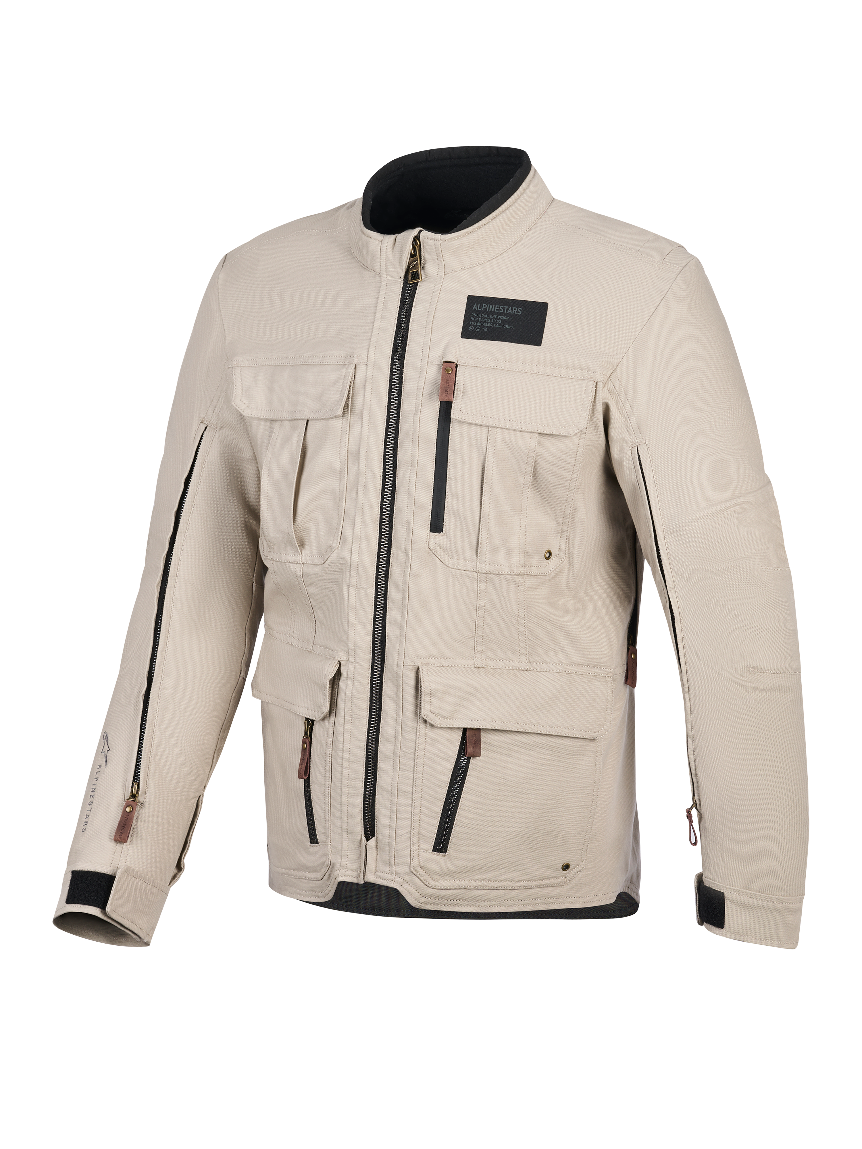 Alpinestars Borrego Drystar® jakke, motorcykeljakke, varm grå, set forfra med flere cargo-lommer, sorte lynlåse med brune stropper, voksbehandlet lærredstekstur og et sort branding-mærke på brystet