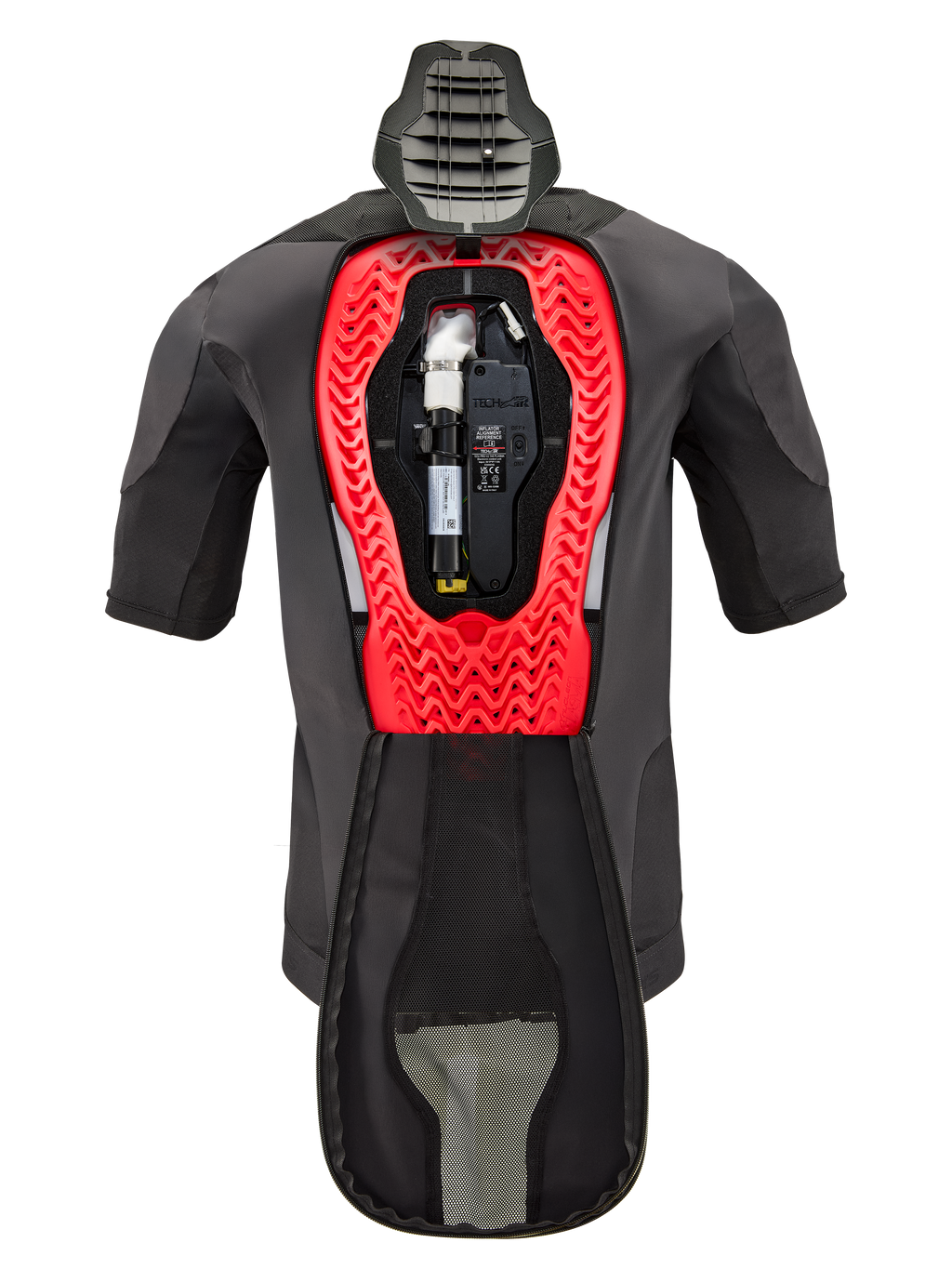 Alpinestars Tech-Air® 5 Plasma Airbag reservepatron, vist indeni en Tech-Air® 5 Plasma-vest, sort beklædningsdel med en klar rød indvendig bikagestruktur, inklusiv argongas-cylinder og elektronisk enhed, teknisk sikkerhedsudstyr til motorcykler.