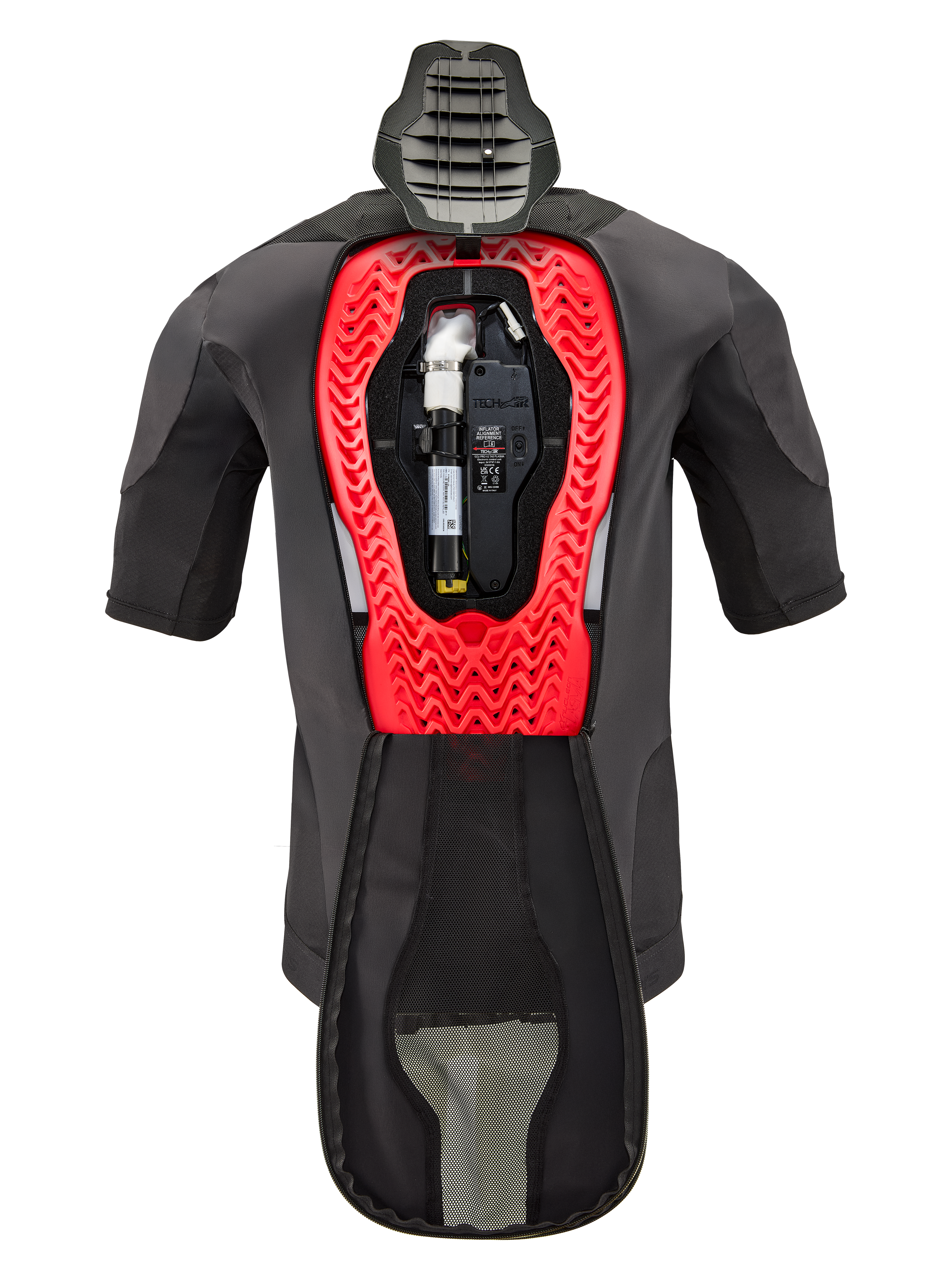 Alpinestars Tech-Air® 5 Plasma Airbag reservepatron, vist indeni en Tech-Air® 5 Plasma-vest, sort beklædningsdel med en klar rød indvendig bikagestruktur, inklusiv argongas-cylinder og elektronisk enhed, teknisk sikkerhedsudstyr til motorcykler.