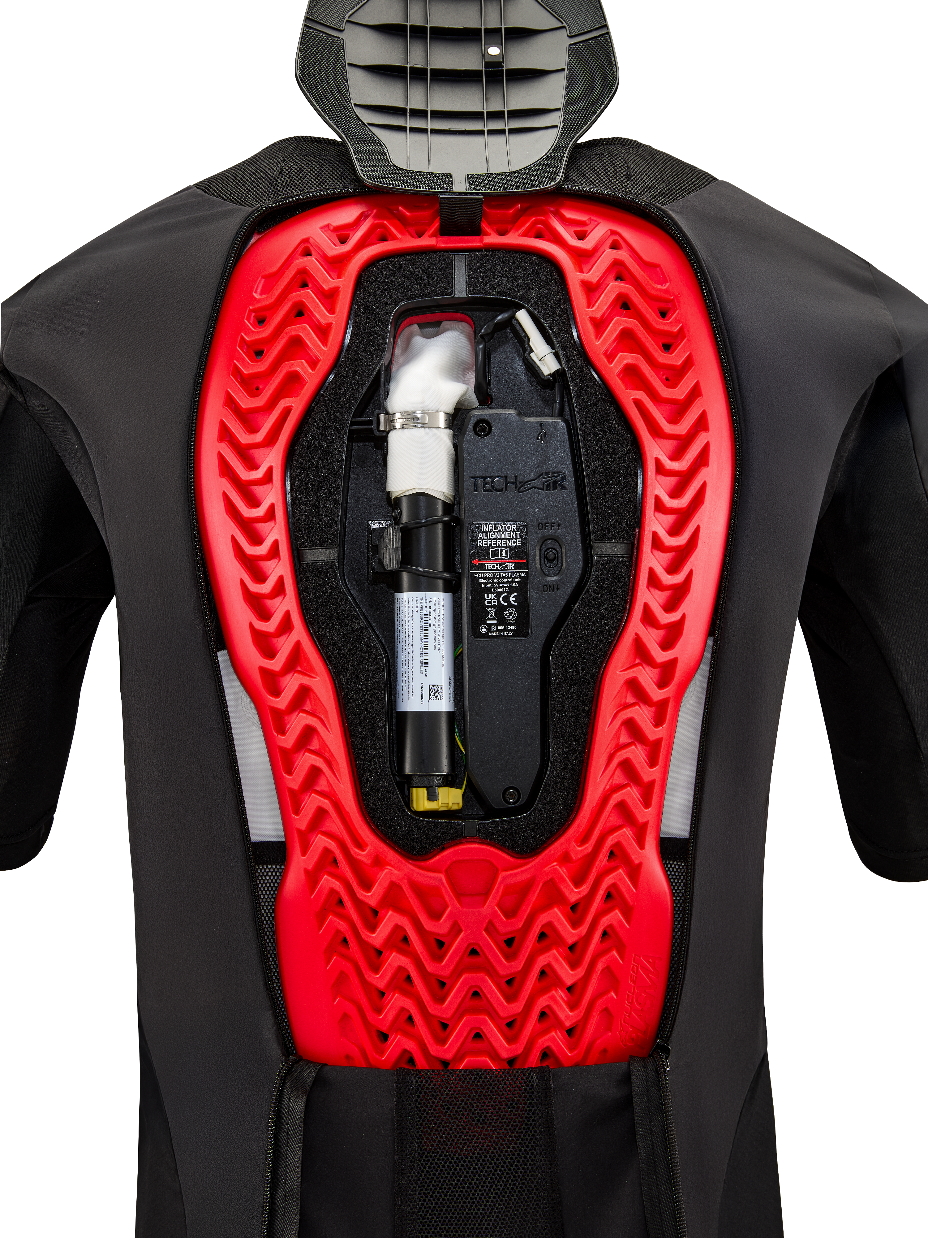 Alpinestars Tech-Air 5 Plasma Airbag System, indvendig visning af den installerede sorte reservepatron og elektroniske kontrolenhed, integreret i en stærkt rød Nucleon Plasma-rygbeskytter i en sort beskyttelsesvest