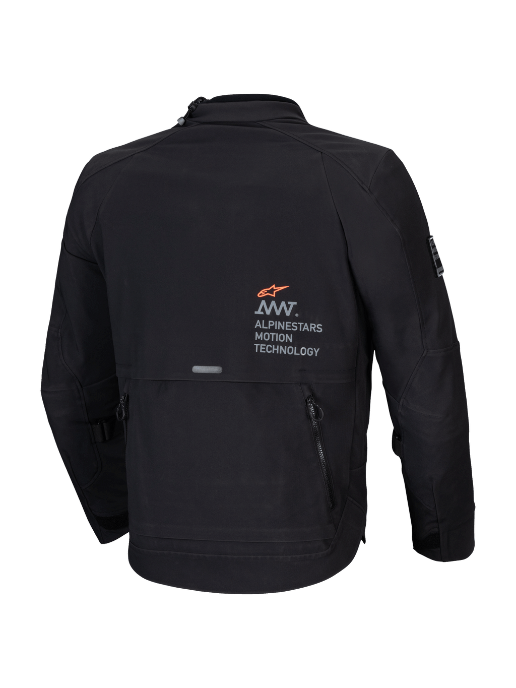 Alpinestars AMT-8 Stretch Drystar XF Jakke, herre adventure-touring motorcykeljakke, sort, set bagfra med AMT-branding og bageste utility-cargolomme