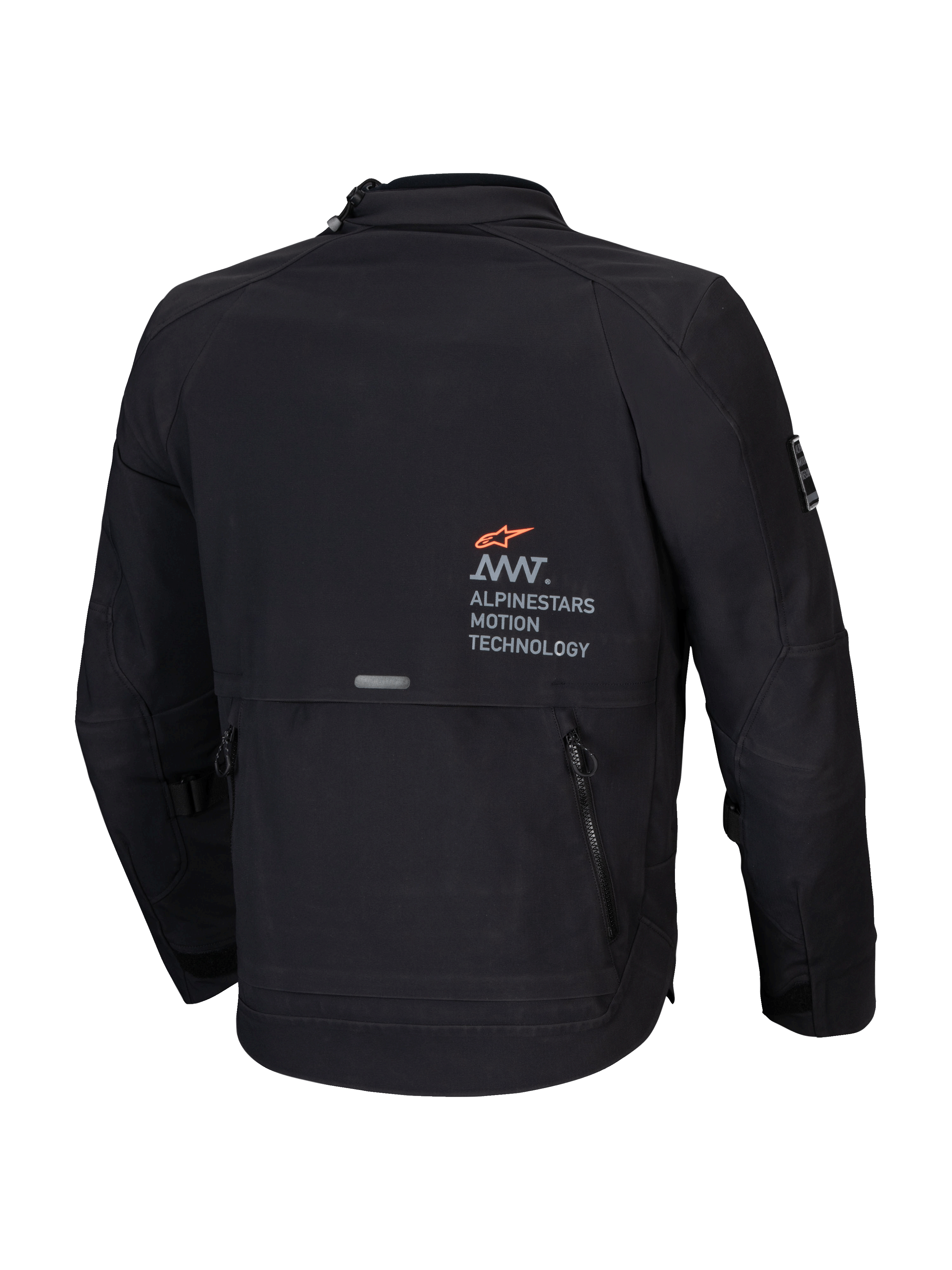Alpinestars AMT-8 Stretch Drystar XF Jakke, herre adventure-touring motorcykeljakke, sort, set bagfra med AMT-branding og bageste utility-cargolomme