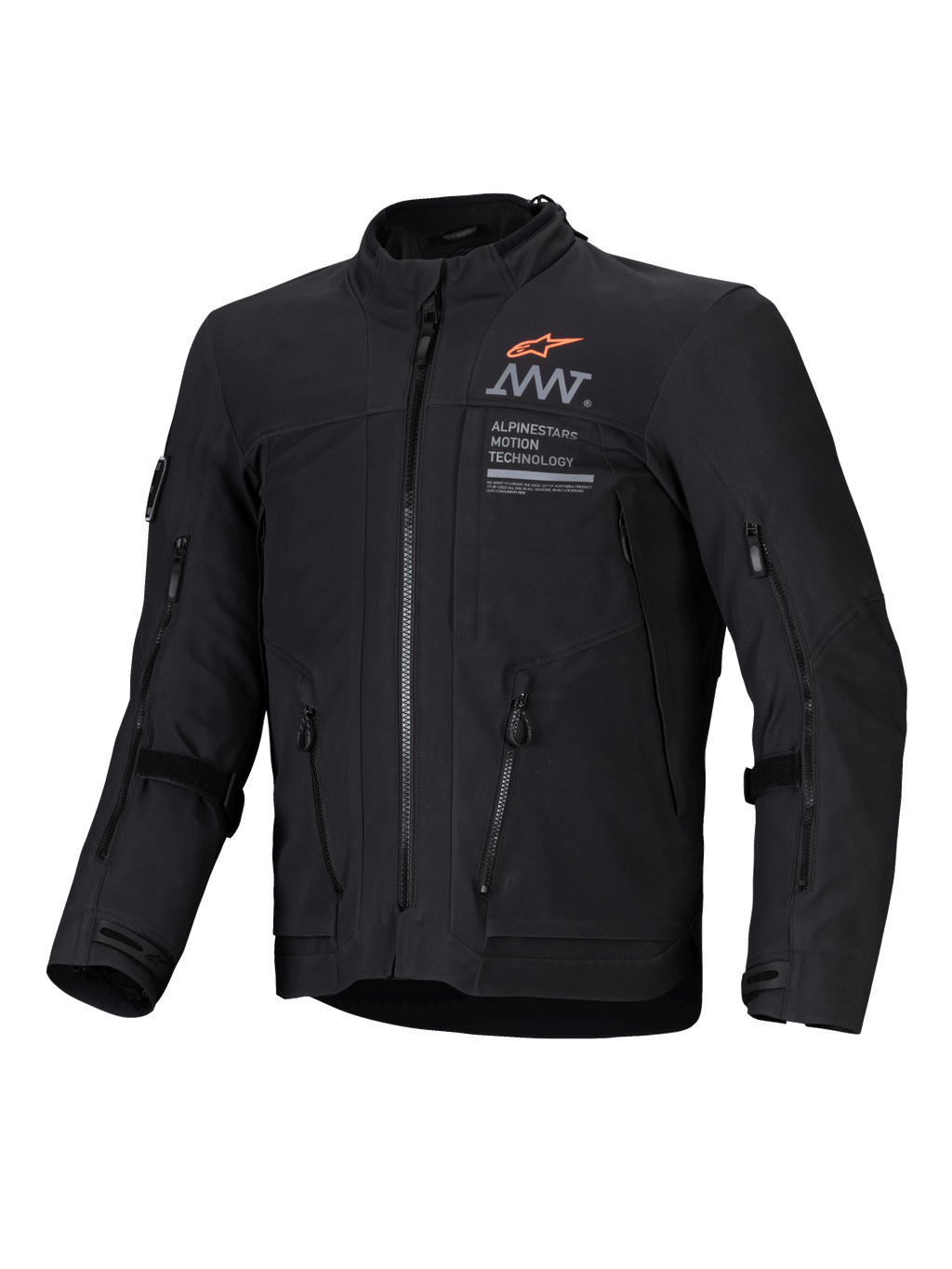 Alpinestars AMT-8 Stretch Drystar XF Jakke, sort adventure touring motorcykeljakke med lynlåslukkede ventilationsporte og branding-grafik