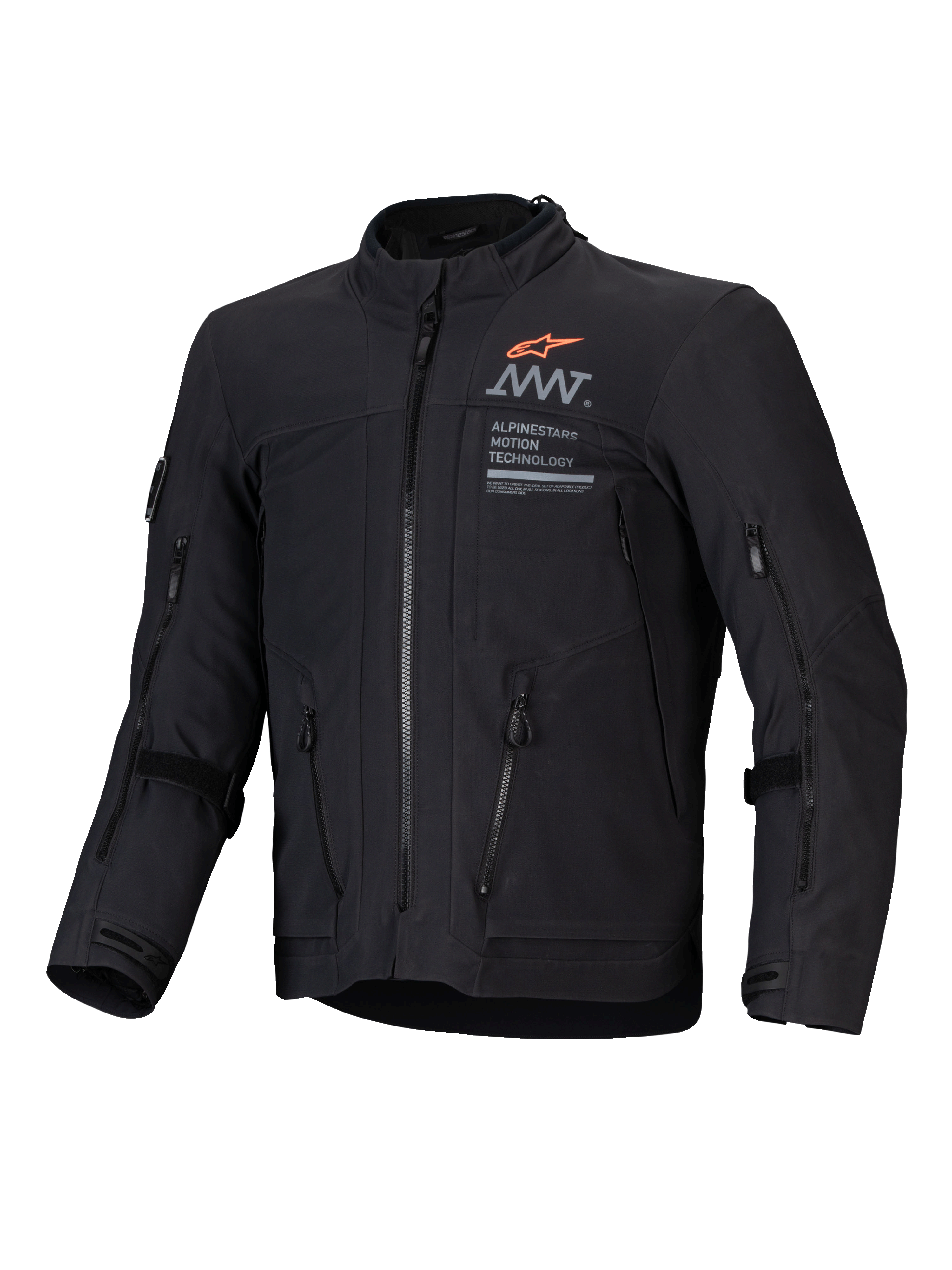 Alpinestars AMT-8 Stretch Drystar XF Jakke, sort adventure touring motorcykeljakke med lynlåslukkede ventilationsporte og branding-grafik