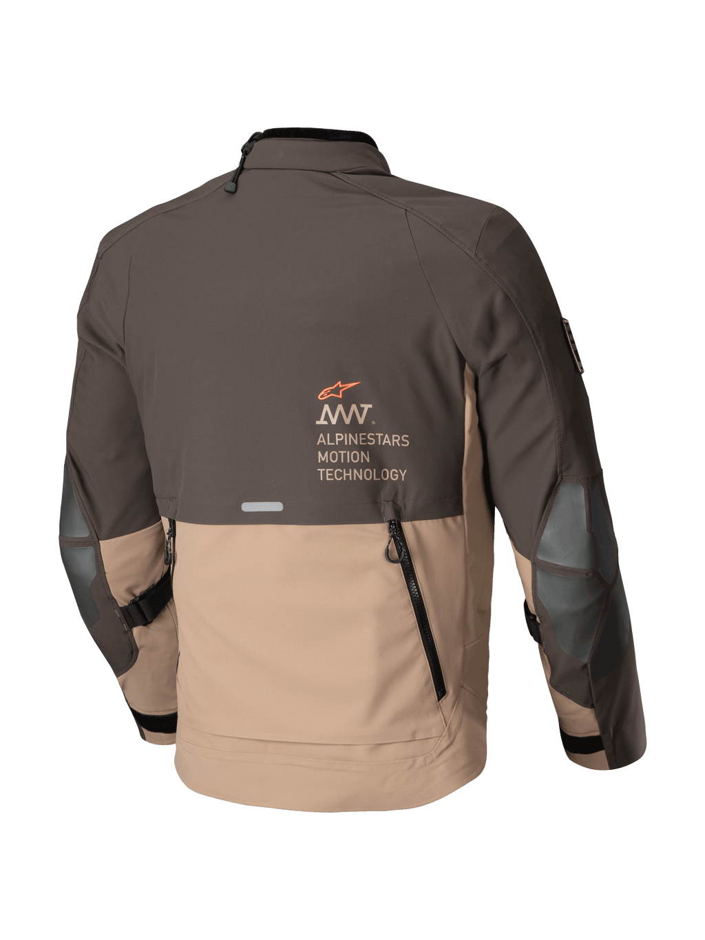 Alpinestars AMT-8 Stretch Drystar® XF Jacket, adventure touring motorcycle jacket, Dark Brown and Dark Khaki, rear view showing shingle exhaust vent and Alpinestars Motion Technology branding