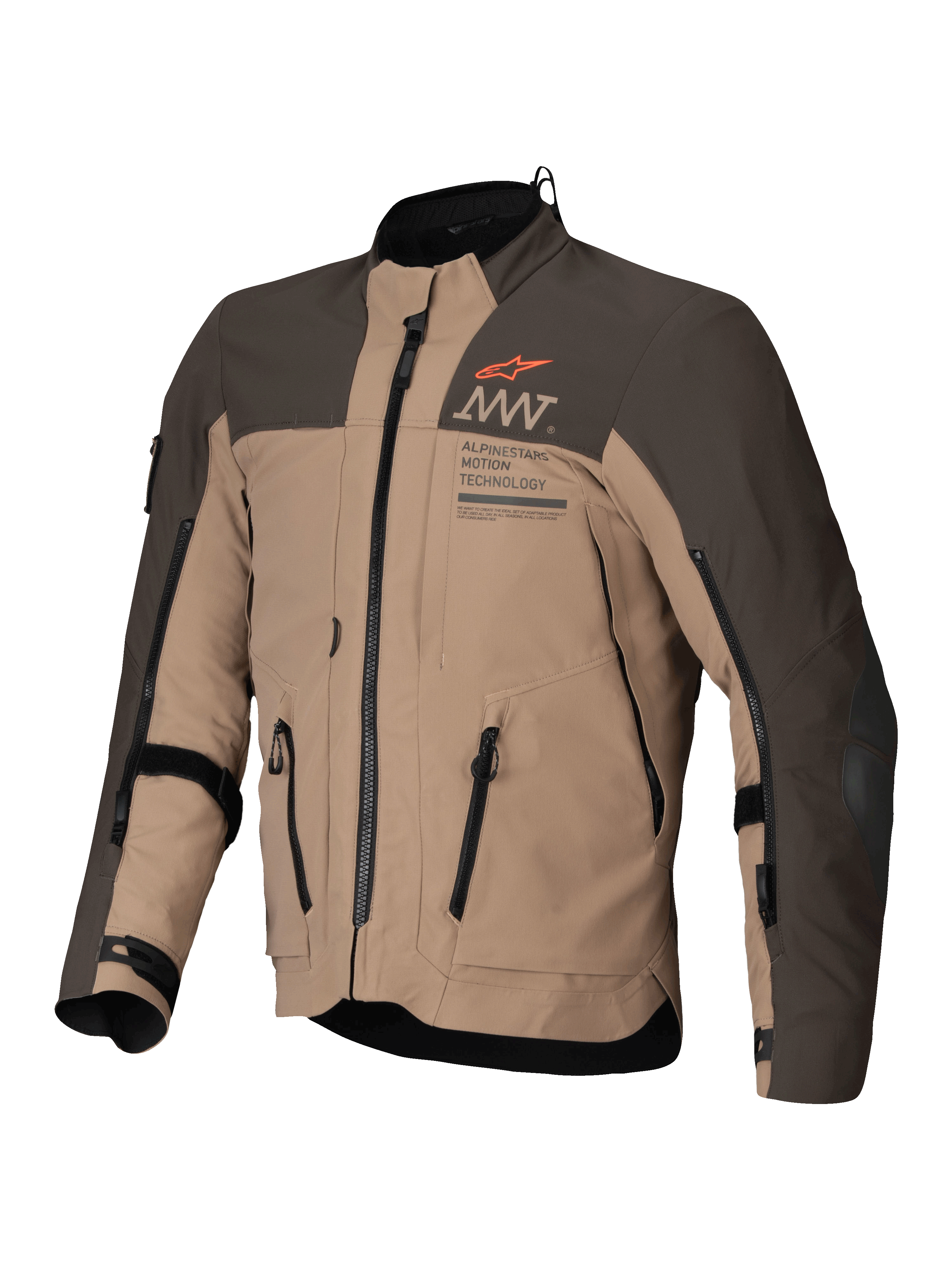 Alpinestars AMT-8 Stretch Drystar® XF Jacket, adventure touring motorcycle jacket in Dark Brown and Dark Khaki, CE certified AA class with stretch textile construction and ventilation
