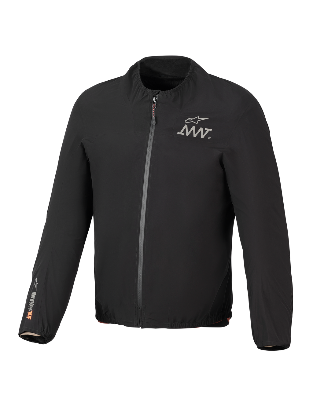 Alpinestars AMT-8 Stretch Drystar® XF Jacket Liner, sort, letvægts vandtæt strækjakke, lynlås foran, AMT-logo på brystet, Drystar® XF-branding på højre ærme, elastisk krave og manchetter.