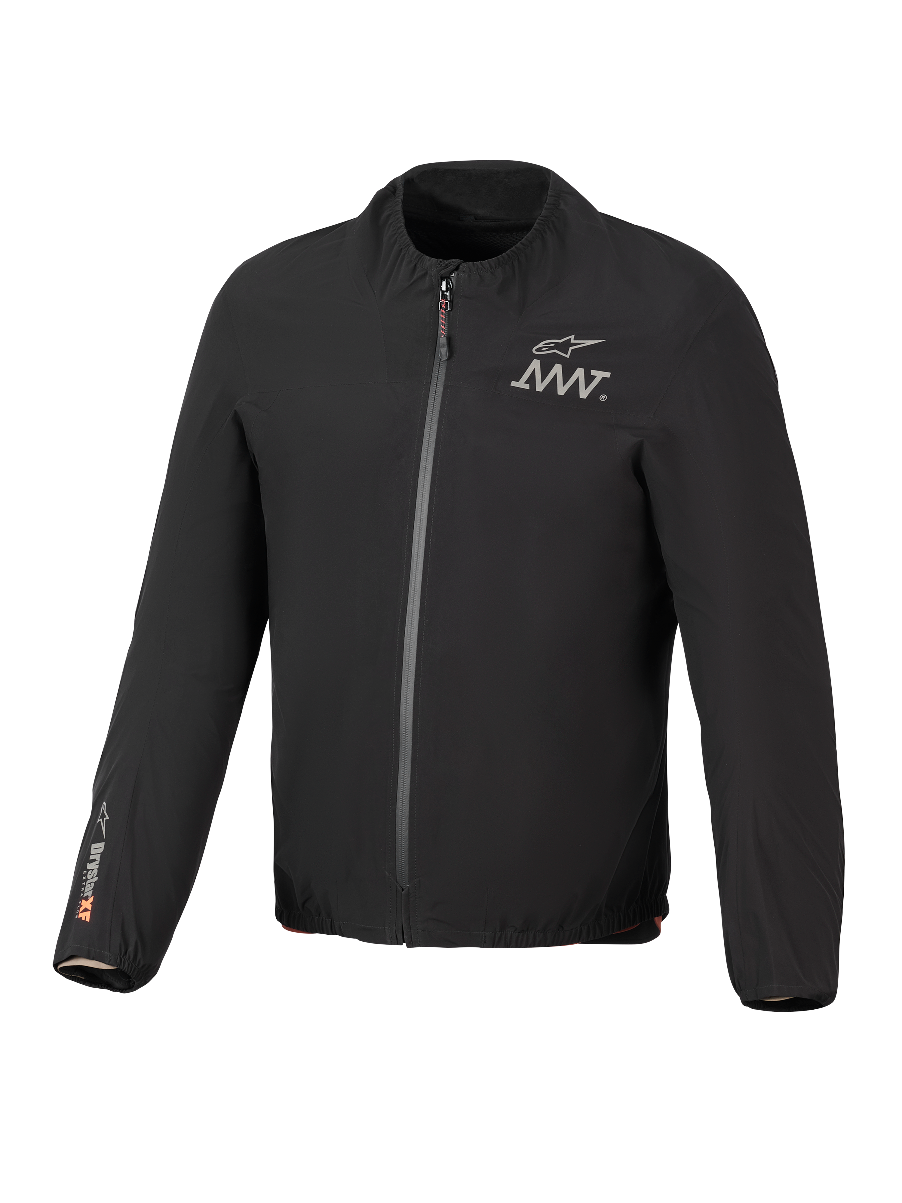 Alpinestars AMT-8 Stretch Drystar® XF Jacket Liner, sort, letvægts vandtæt strækjakke, lynlås foran, AMT-logo på brystet, Drystar® XF-branding på højre ærme, elastisk krave og manchetter.