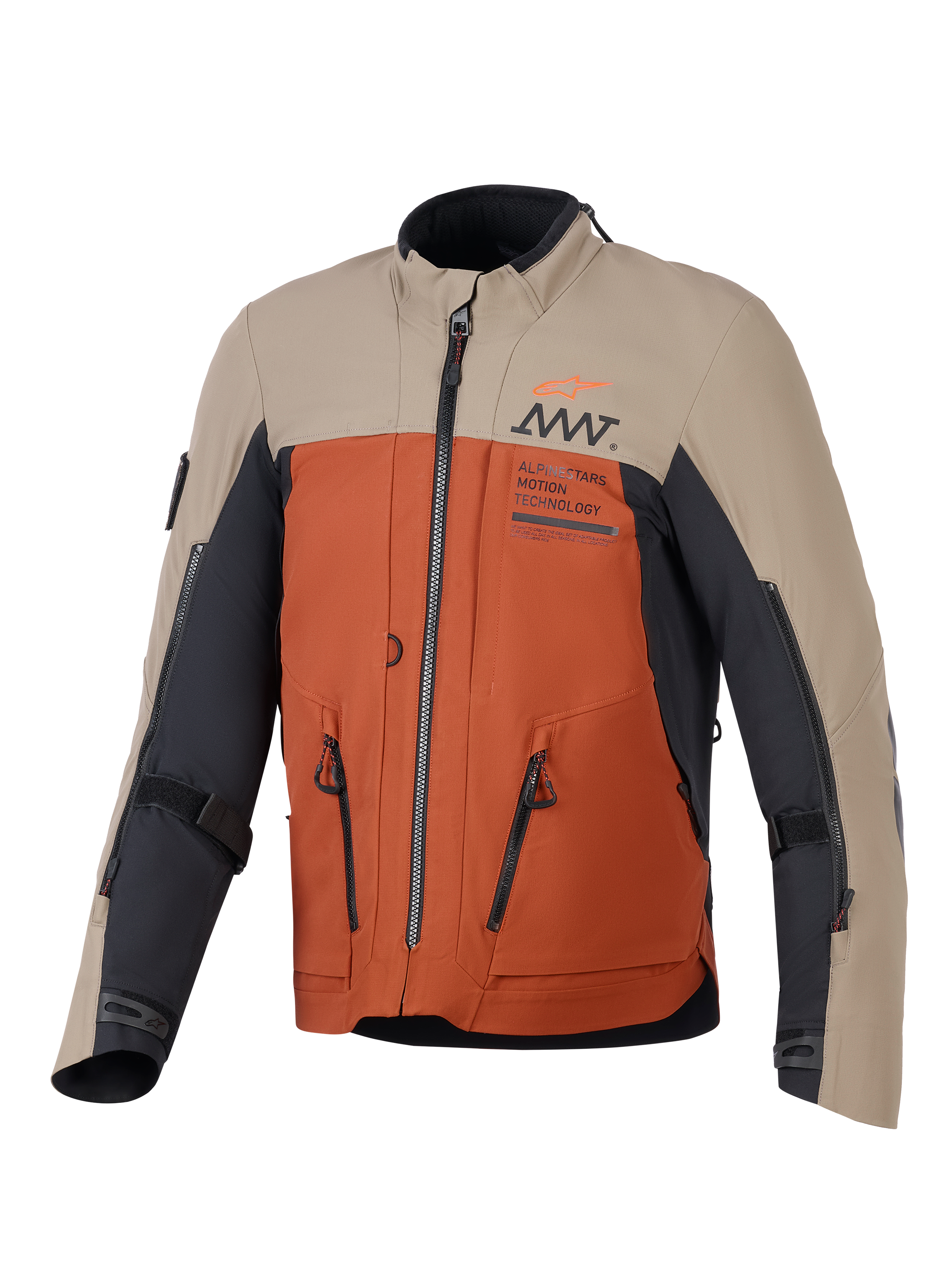 Alpinestars AMT-8 Stretch Drystar® XF Jakke, adventure-motorcykeljakke, Walnut Rust Black farvekombination, med sandfarvede øvre paneler, rustorange torso og sorte detaljer, fremtrædende ventilationslynlåse og AMT-branding på brystet
