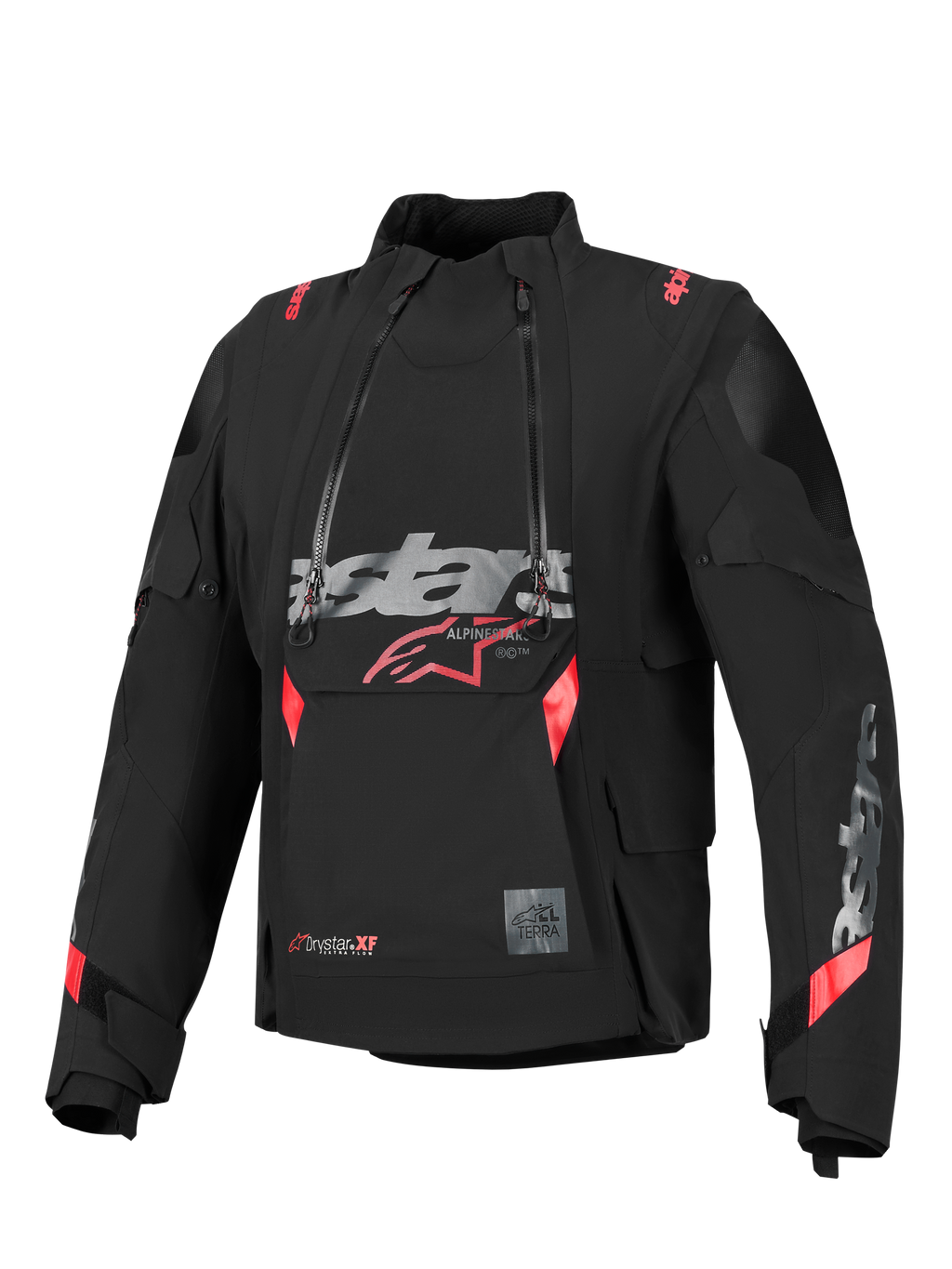 Alpinestars Halo Pro Drystar® XF lamineret jakke, sort med røde og grå detaljer, dobbelte asymmetriske vandtætte lynlåse foran, stort brystlogo, modulært teknisk tekstildesign til adventure-kørsel