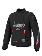 Alpinestars Halo Pro Drystar® XF lamineret jakke, sort med røde og grå detaljer, dobbelte asymmetriske vandtætte lynlåse foran, stort brystlogo, modulært teknisk tekstildesign til adventure-kørsel