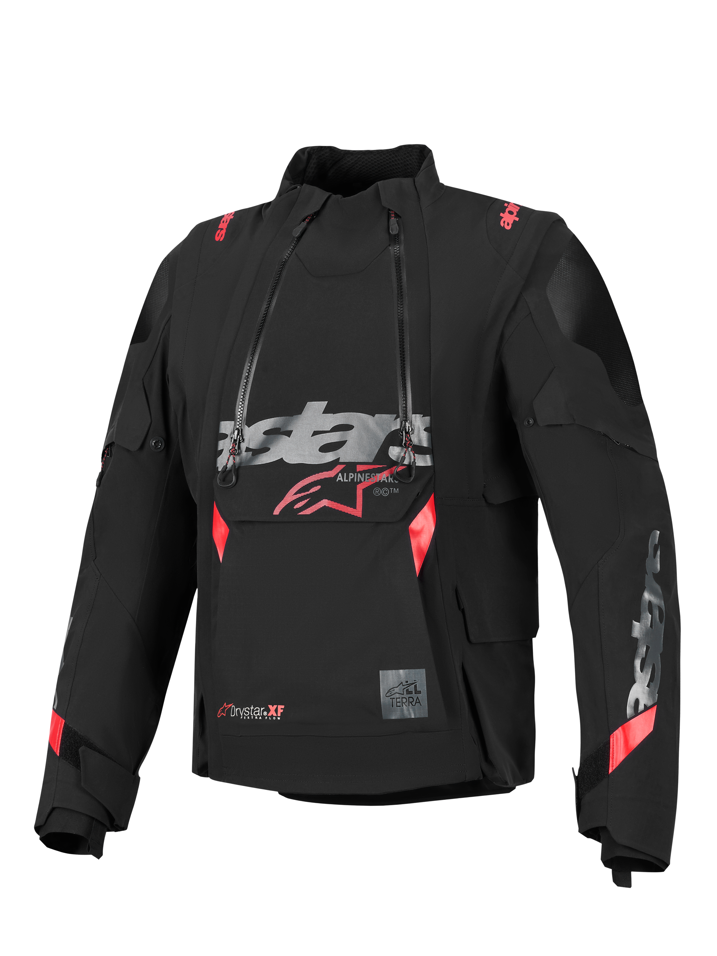 Alpinestars Halo Pro Drystar® XF lamineret jakke, sort med røde og grå detaljer, dobbelte asymmetriske vandtætte lynlåse foran, stort brystlogo, modulært teknisk tekstildesign til adventure-kørsel