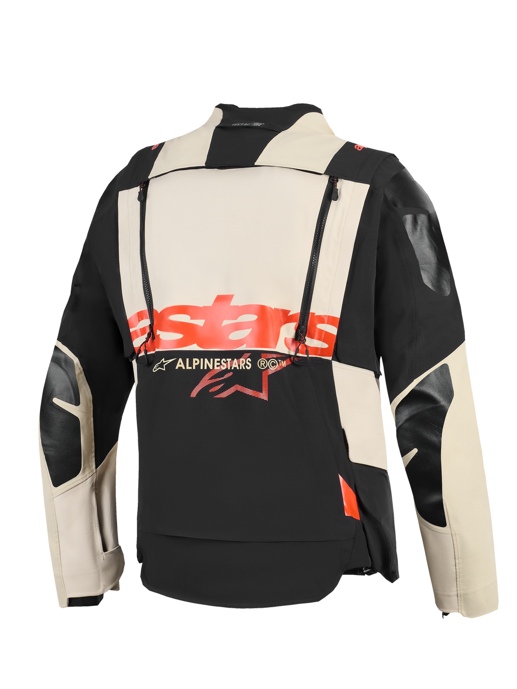 Alpinestars Halo Pro Drystar® XF lamineret jakke, set bagfra, Mastic Black og creme tekstilkonstruktion, markant rødt 'stars'-logo hen over midten, dobbelte lodrette lynlåse til modulær ventilation, teknisk adventure motorcykelbeklædning