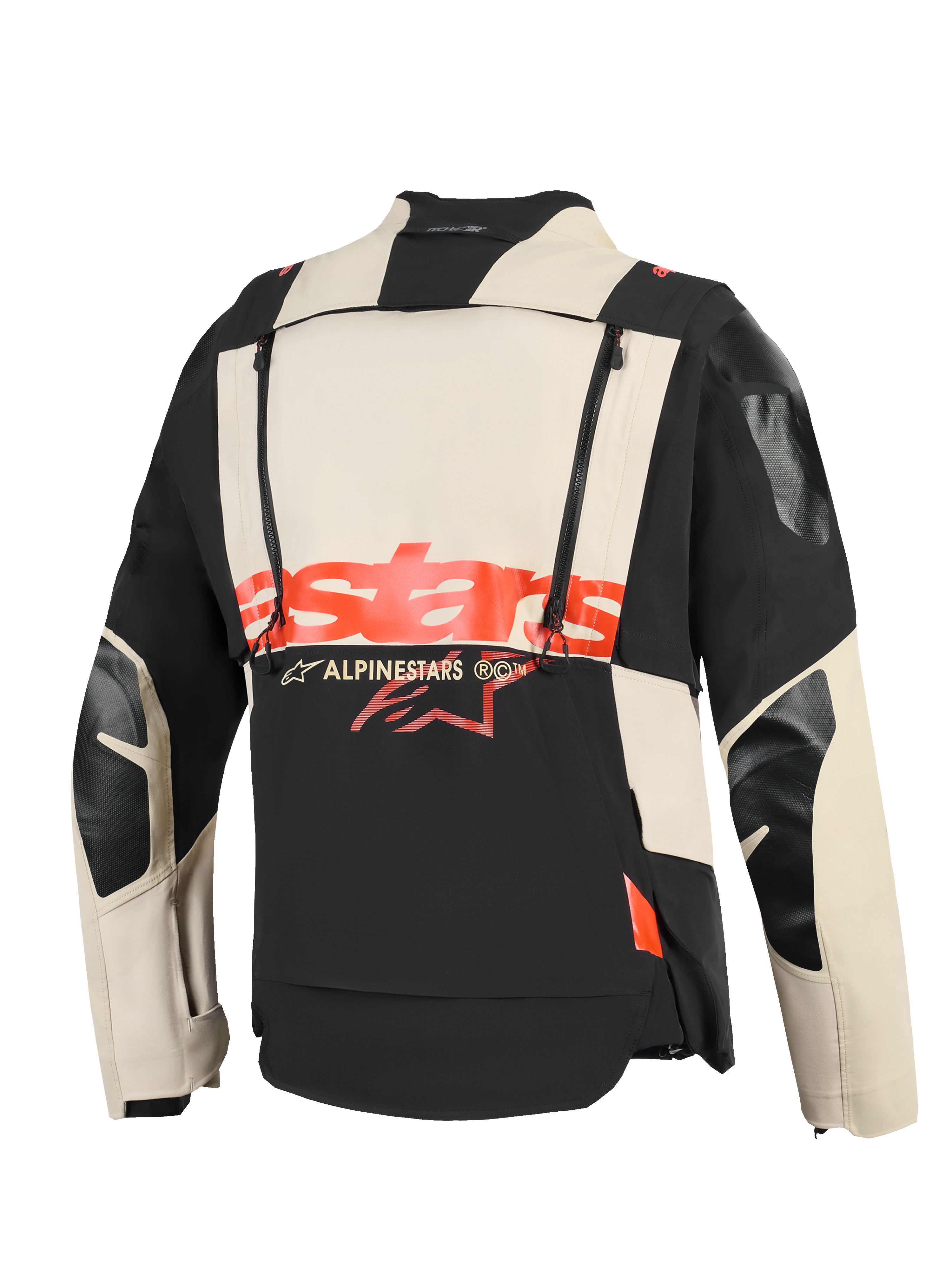 Alpinestars Halo Pro Drystar® XF lamineret jakke, set bagfra, Mastic Black og creme tekstilkonstruktion, markant rødt 'stars'-logo hen over midten, dobbelte lodrette lynlåse til modulær ventilation, teknisk adventure motorcykelbeklædning