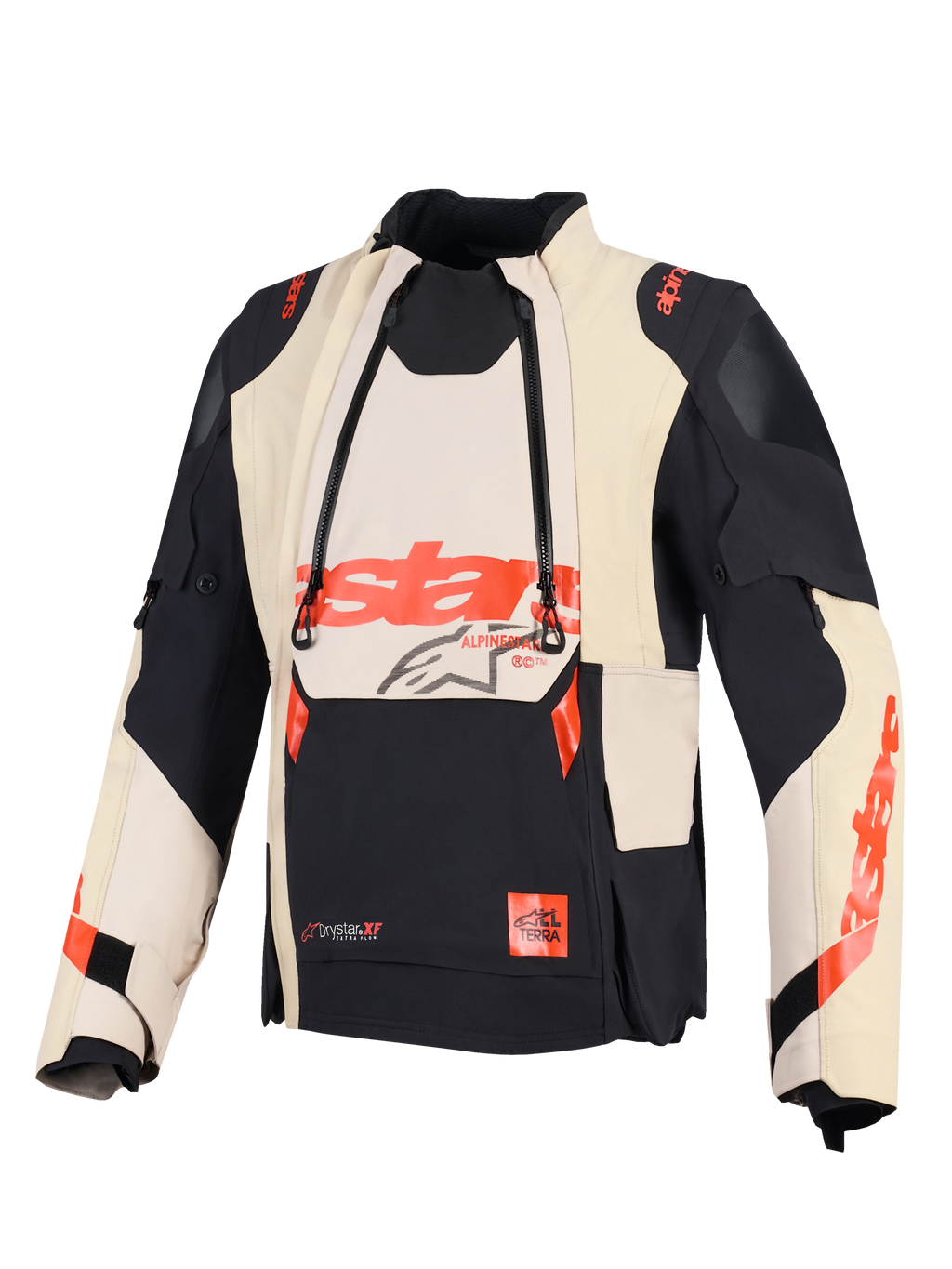 Alpinestars Halo Pro Drystar® XF lamineret jakke, adventure motorcykeljakke, Mastic Black, med modulære ventilationspaneler foran og rød Alpinestars-branding, teknisk tekstildesign til alsidig terrænkørsel