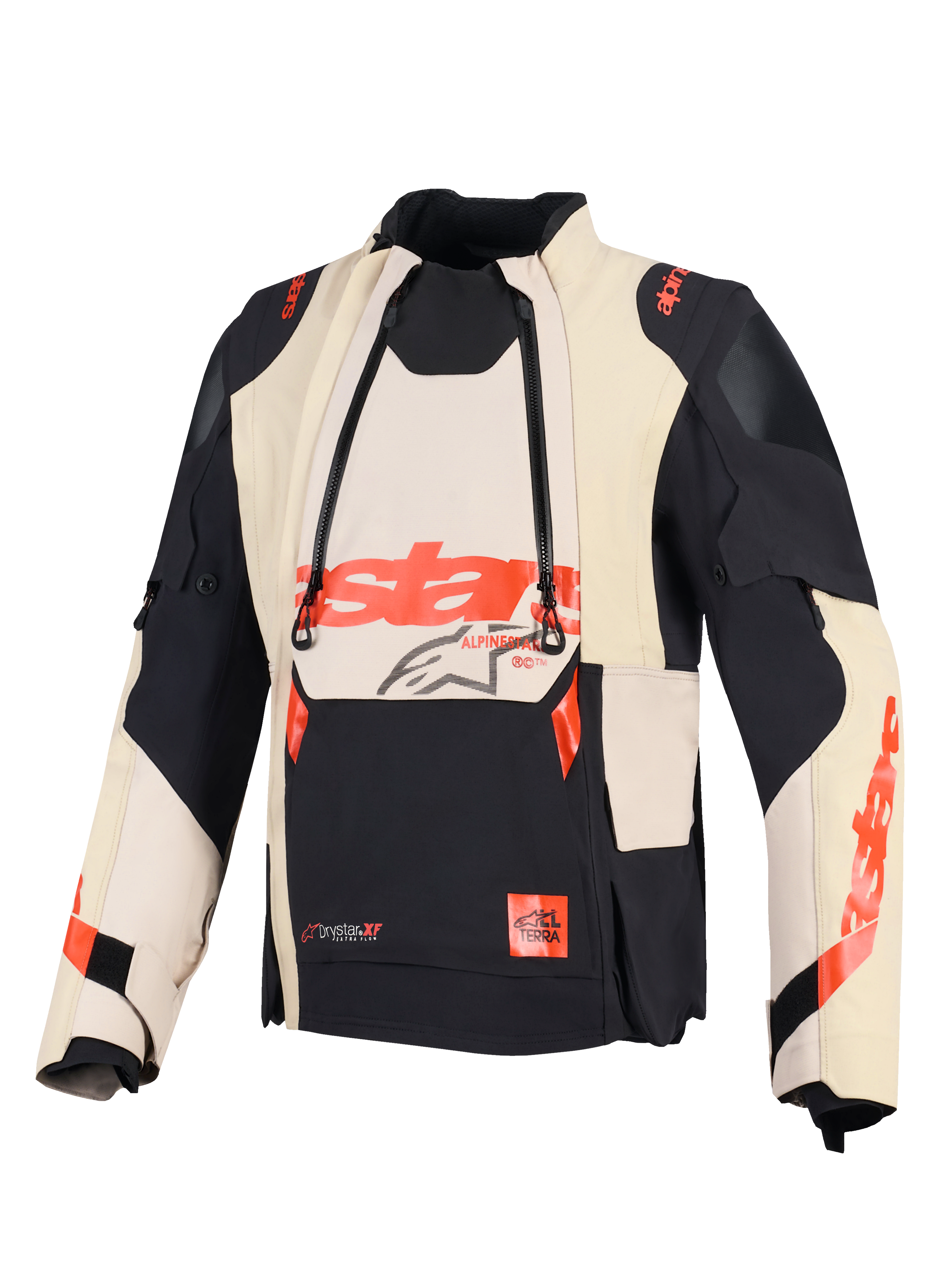 Alpinestars Halo Pro Drystar® XF lamineret jakke, adventure motorcykeljakke, Mastic Black, med modulære ventilationspaneler foran og rød Alpinestars-branding, teknisk tekstildesign til alsidig terrænkørsel