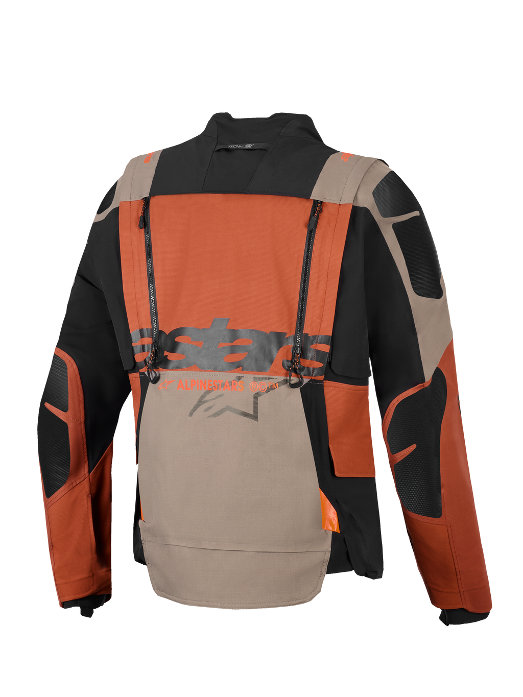 Alpinestars Halo Pro Drystar® XF lamineret jakke, adventure motorcykeljakke, Walnut Rust Black, set bagfra med vertikale ventilationslynlåse, stort Alpinestars-logo på tværs af midten og holdbar ripstop-tekstilkonstruktion