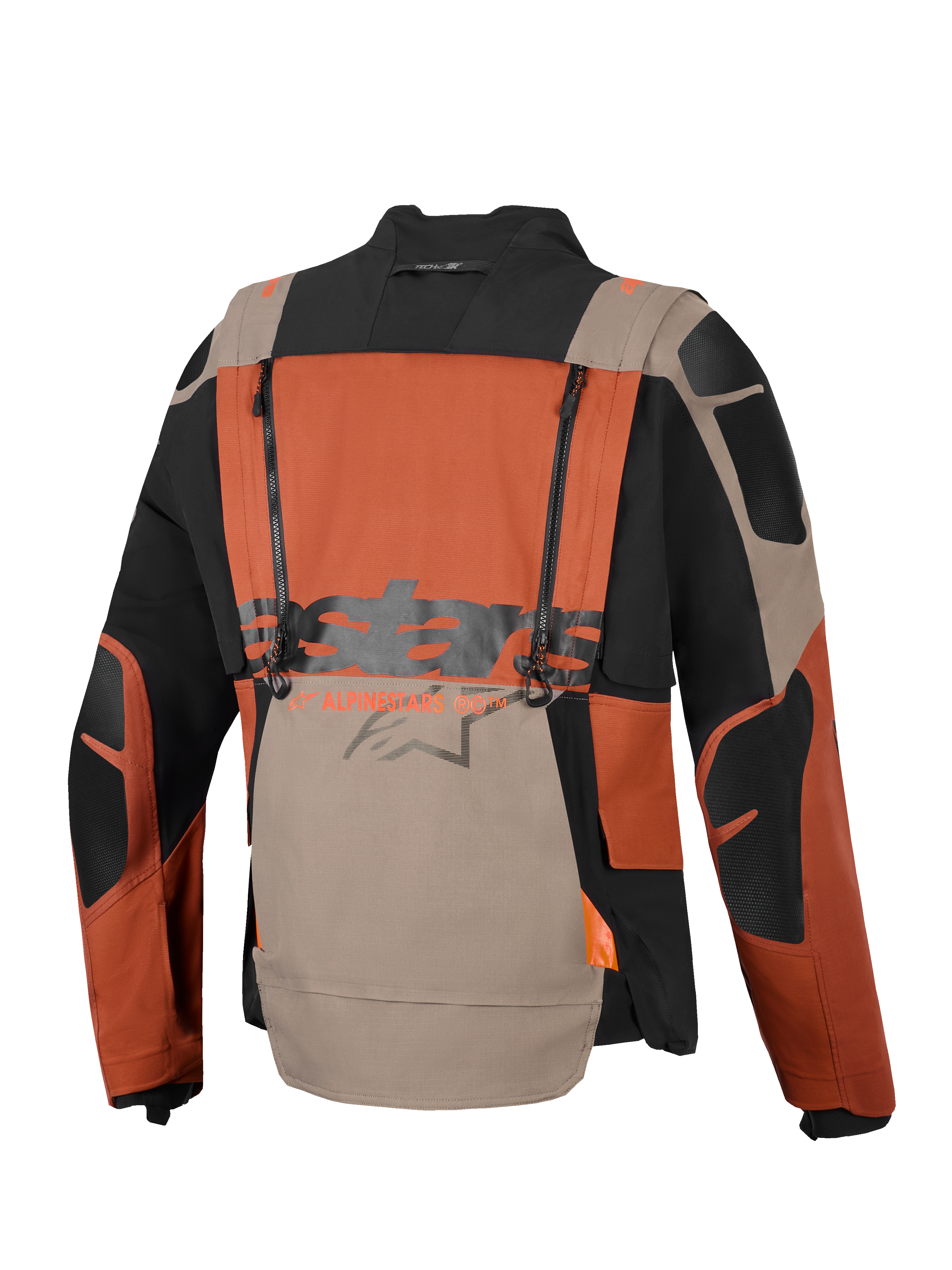 Alpinestars Halo Pro Drystar® XF lamineret jakke, adventure motorcykeljakke, Walnut Rust Black, set bagfra med vertikale ventilationslynlåse, stort Alpinestars-logo på tværs af midten og holdbar ripstop-tekstilkonstruktion