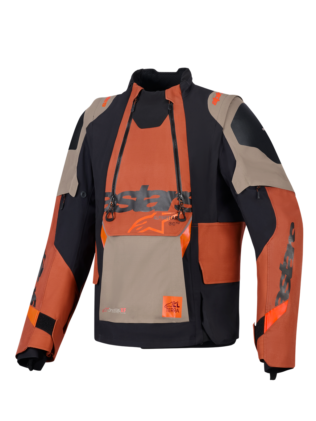 Alpinestars Halo Pro Drystar® XF lamineret jakke, adventure-motorcykeljakke, Walnut Rust Black, set forfra med modulært brystpanel med dobbelte vandtætte lynlåse, robust tekstilkonstruktion med sandfarvede og orange paneler.