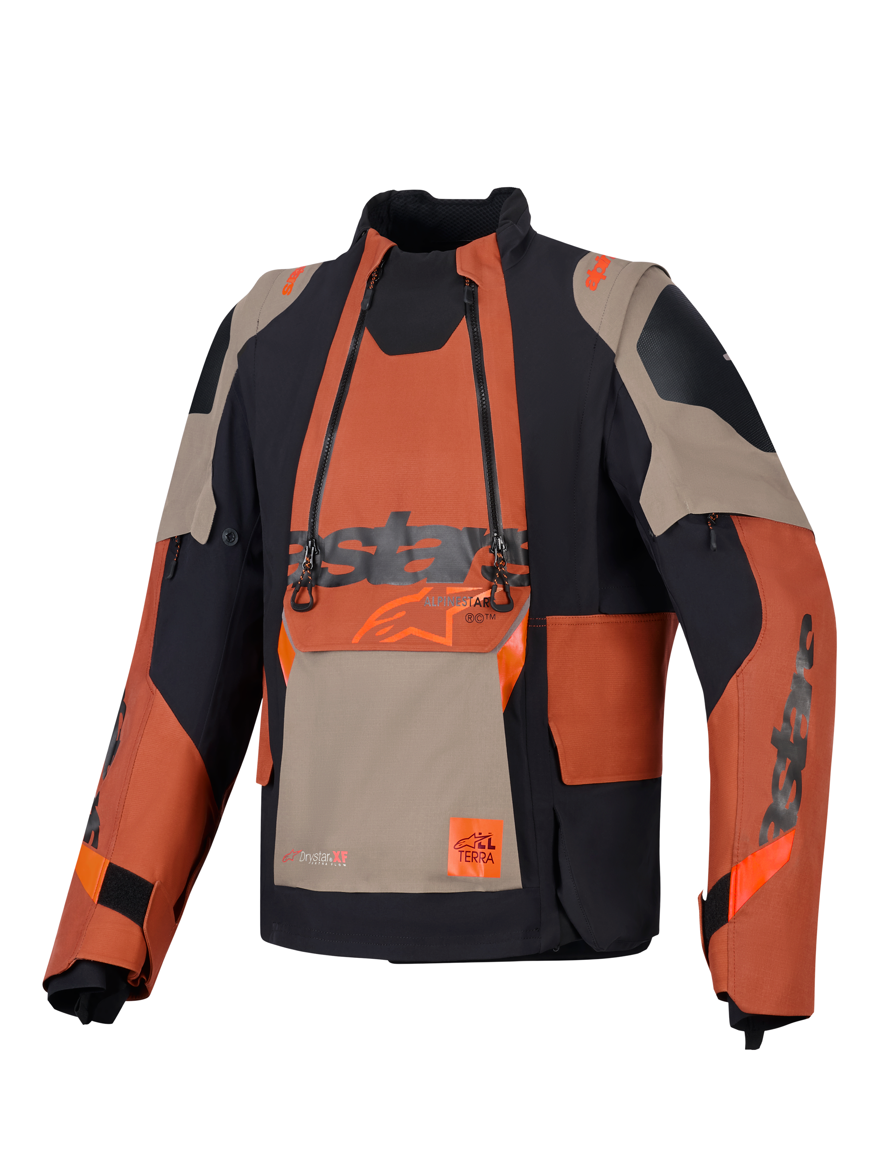 Alpinestars Halo Pro Drystar® XF lamineret jakke, adventure-motorcykeljakke, Walnut Rust Black, set forfra med modulært brystpanel med dobbelte vandtætte lynlåse, robust tekstilkonstruktion med sandfarvede og orange paneler.