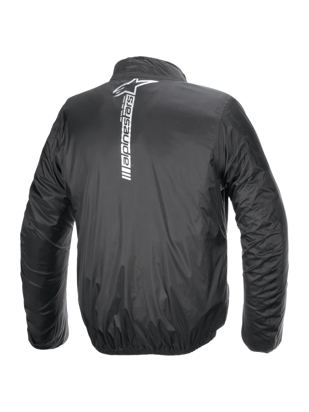 Alpinestars Hurricane Rain V2 Jacket, Waterproof Motorcycle Rain Jacket, Black, Rear view featuring a large vertical white Alpinestars logo and wordmark on the center back, lightweight laminated fabric with elasticated cuffs and waist