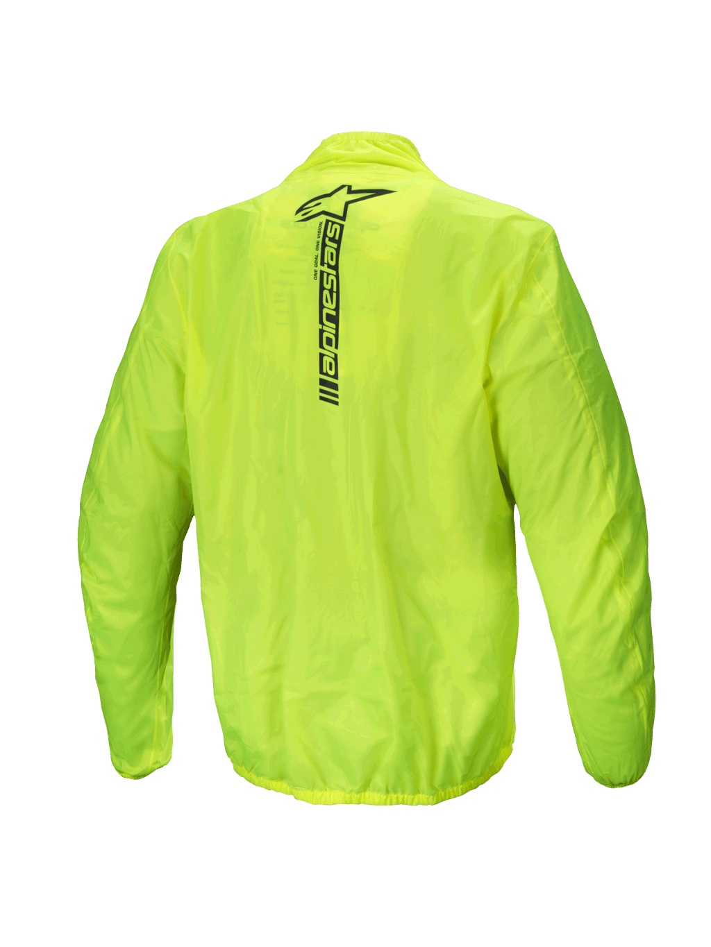 Alpinestars Hurricane Rain V2 Jakke, vandtæt motorcykelregnjakke til herrer, set bagfra i gul fluo med reflekterende Alpinestars-ordmærke på øverste del af ryggen