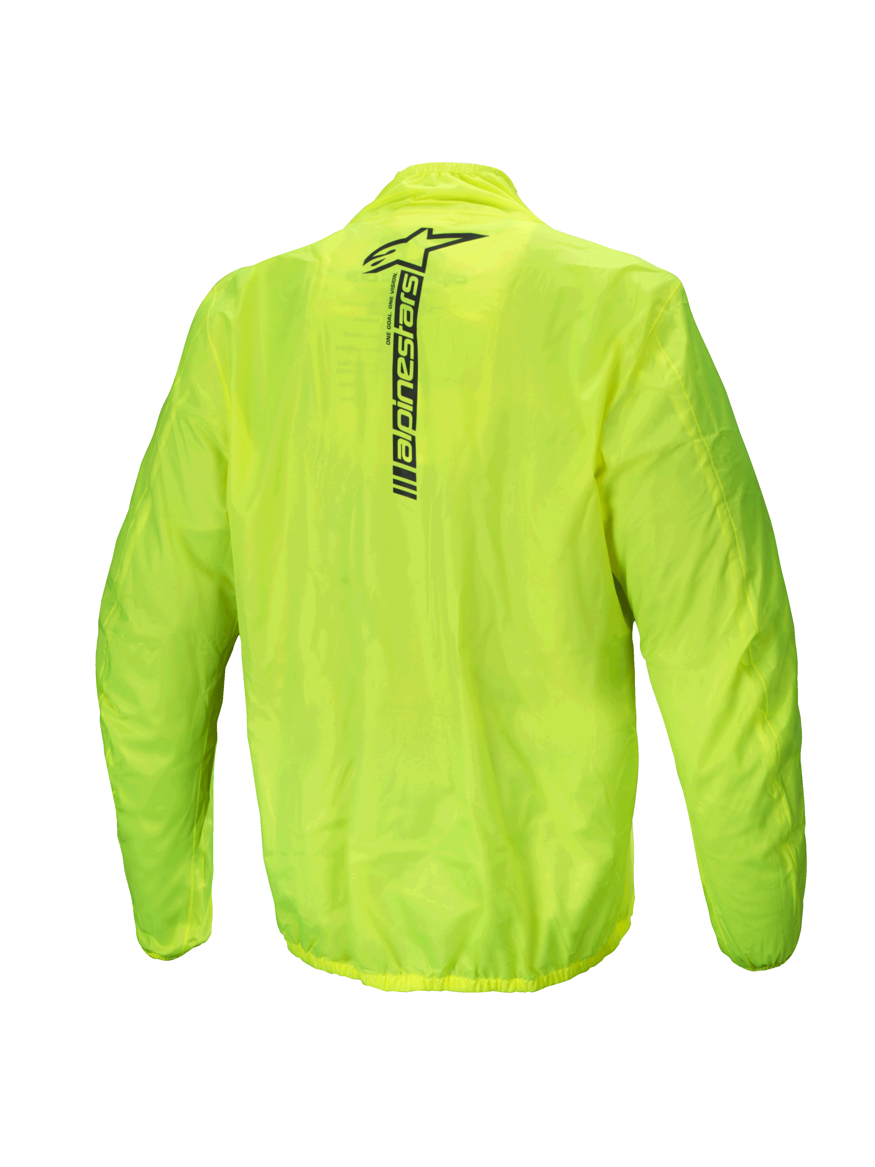 Alpinestars Hurricane Rain V2 Jakke, vandtæt motorcykelregnjakke til herrer, set bagfra i gul fluo med reflekterende Alpinestars-ordmærke på øverste del af ryggen