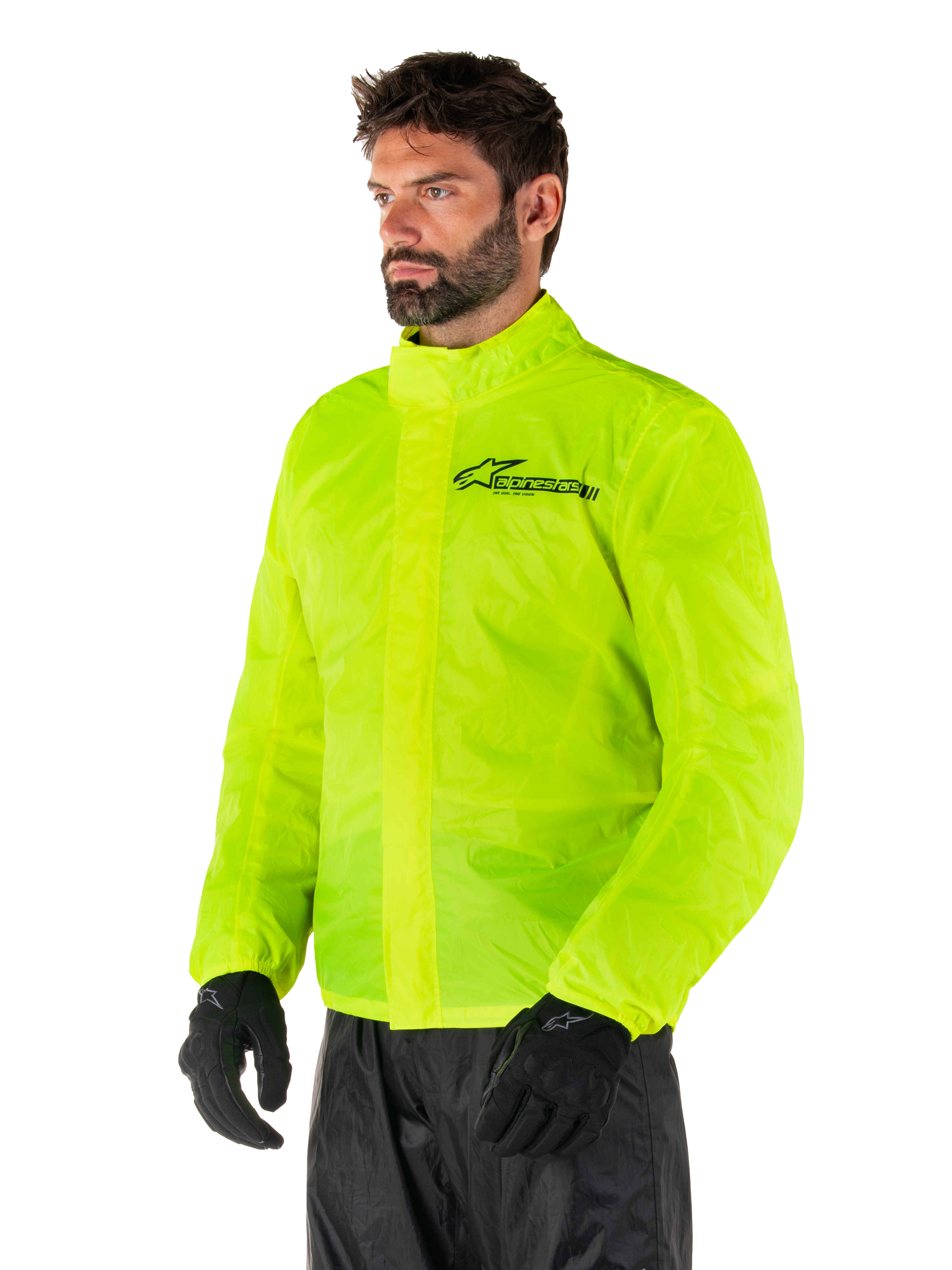 Alpinestars Hurricane Rain V2-jakke, Yellow Fluo, meget synlig fluorescerende gul vandtæt motorcykelregnjakke, dobbelt klaplukning foran, Alpinestars-logo på brystet, letvægts og sammenpakkeligt design til kørsel i vådt vejr