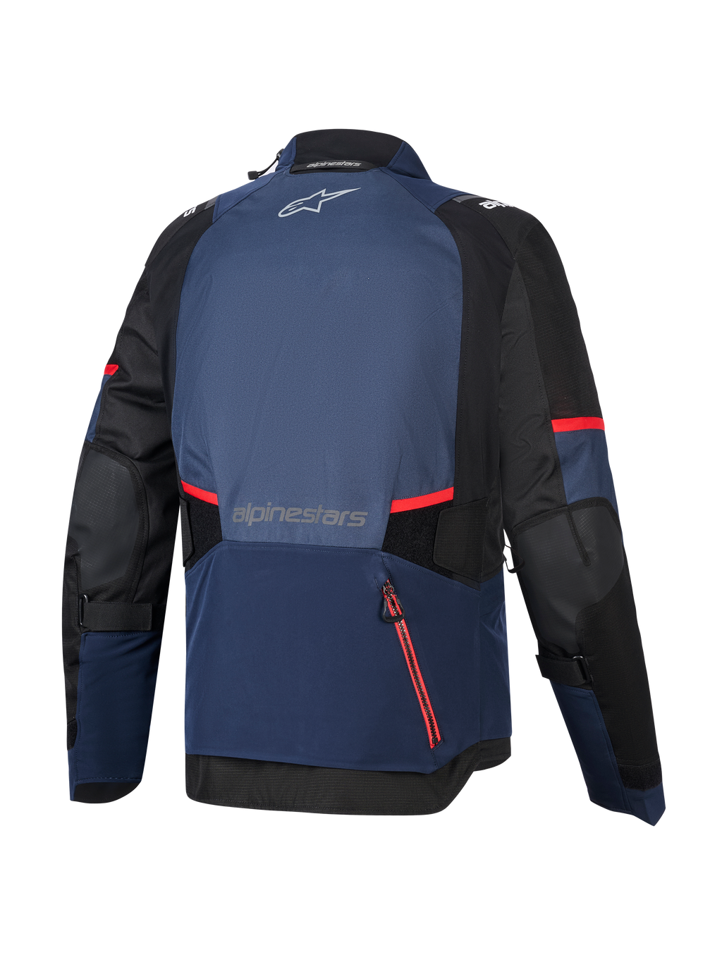 Alpinestars Andes V4 Drystar® Jakke, set bagfra, Night Navy Mood Indigo og sort, med røde lynlåsdetaljer og striber, stort vandtæt bagrum, Alpinestars-logo på øvre og nedre ryg, teknisk adventure touring tekstiljakke