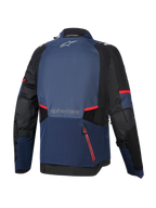 Alpinestars Andes V4 Drystar® Jakke, set bagfra, Night Navy Mood Indigo og sort, med røde lynlåsdetaljer og striber, stort vandtæt bagrum, Alpinestars-logo på øvre og nedre ryg, teknisk adventure touring tekstiljakke