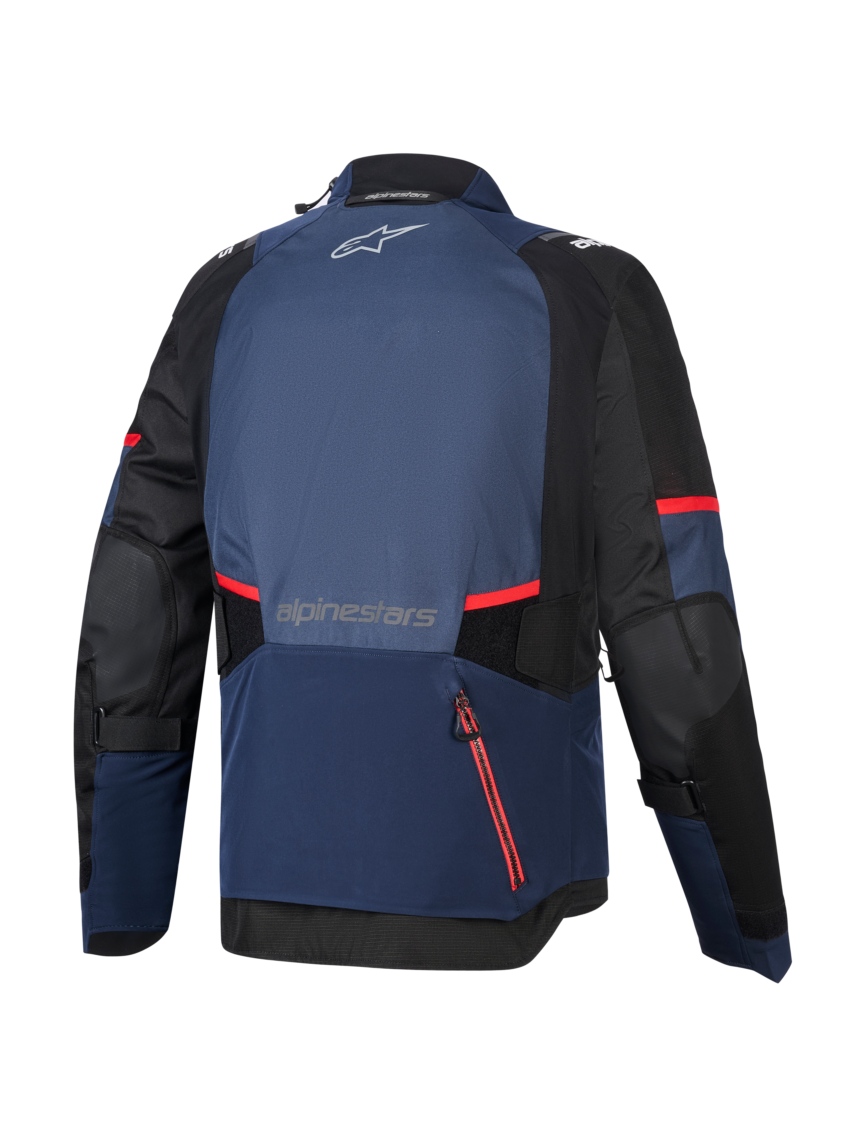 Alpinestars Andes V4 Drystar® Jakke, set bagfra, Night Navy Mood Indigo og sort, med røde lynlåsdetaljer og striber, stort vandtæt bagrum, Alpinestars-logo på øvre og nedre ryg, teknisk adventure touring tekstiljakke