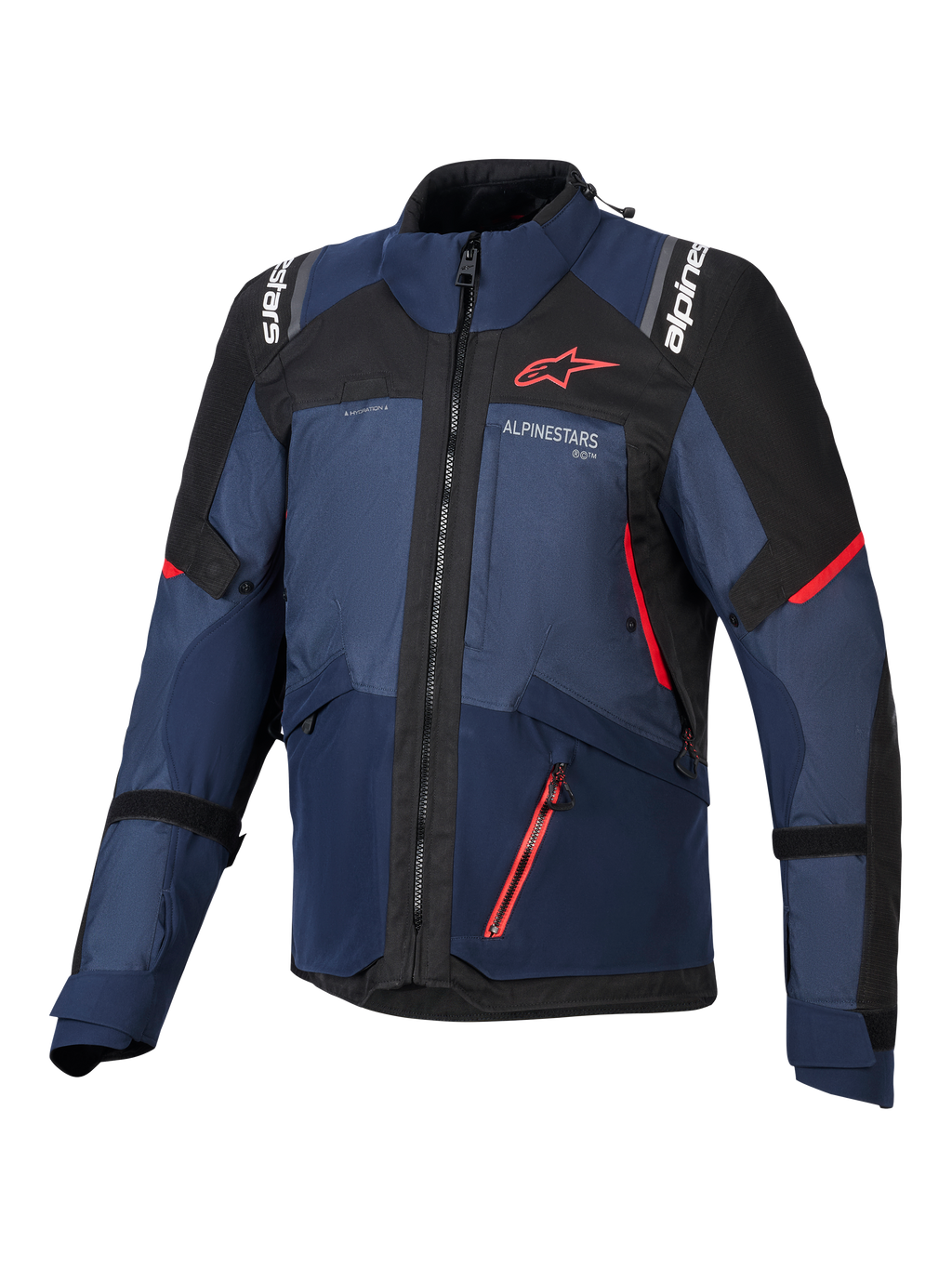 Alpinestars Andes V4 Drystar® jakke, motorcykeljakke, Night Navy Mood Indigo og sort, set forfra med røde detaljer og hvidt Alpinestars-logo på bryst og skuldre, slidstærkt tekstiludstyr til adventure-motorcykelkørsel