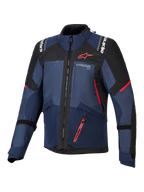 Alpinestars Andes V4 Drystar® jakke, motorcykeljakke, Night Navy Mood Indigo og sort, set forfra med røde detaljer og hvidt Alpinestars-logo på bryst og skuldre, slidstærkt tekstiludstyr til adventure-motorcykelkørsel