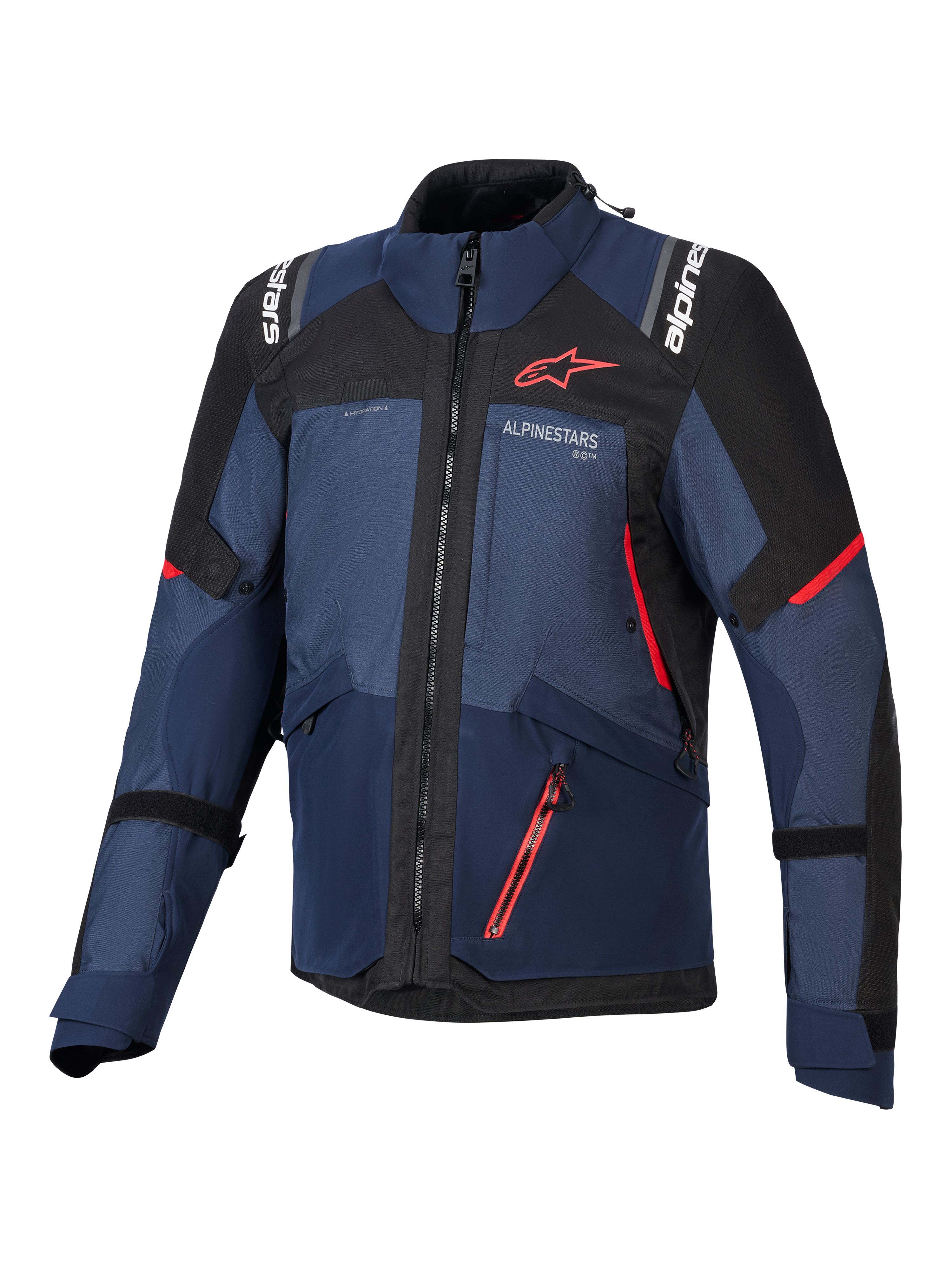 Alpinestars Andes V4 Drystar® jakke, motorcykeljakke, Night Navy Mood Indigo og sort, set forfra med røde detaljer og hvidt Alpinestars-logo på bryst og skuldre, slidstærkt tekstiludstyr til adventure-motorcykelkørsel