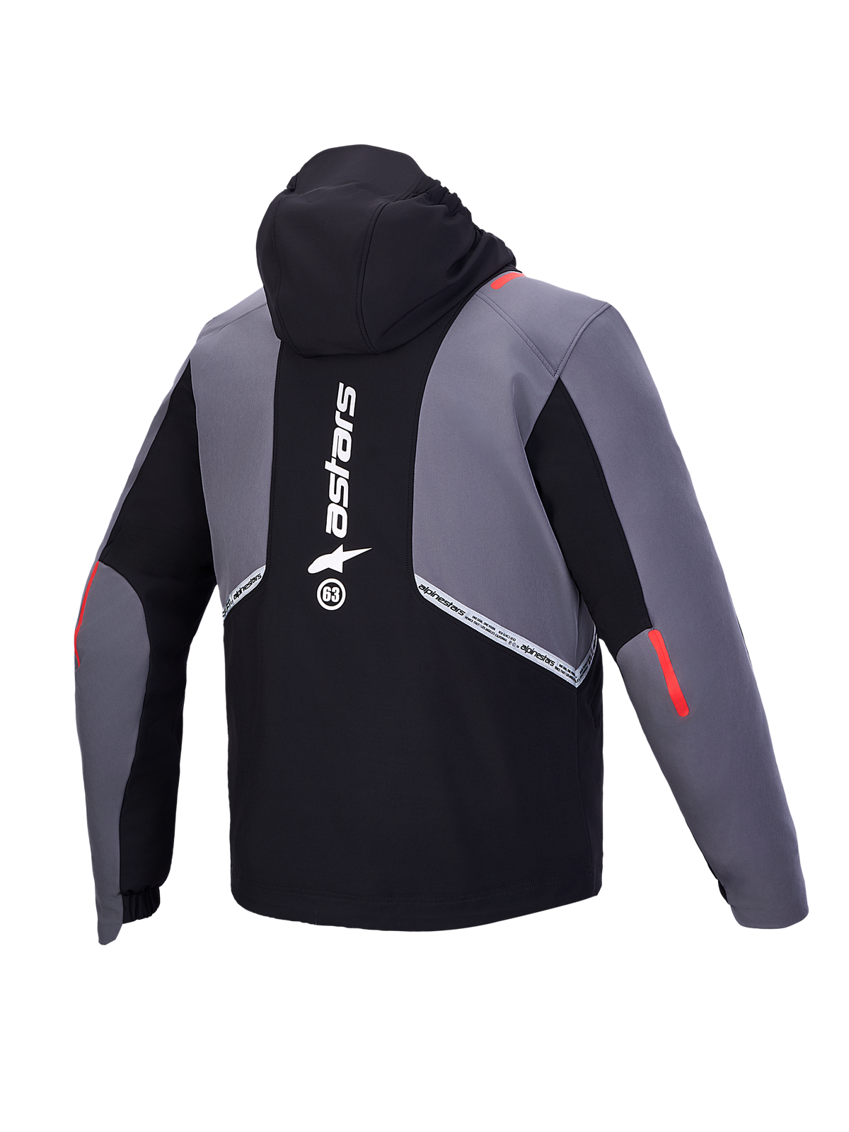 Alpinestars C 5 Drystar jakke, sort og mørkegrå urban motorcykeljakke set bagfra med integreret hætte og røde detaljer