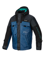 Alpinestars Mospher vandtæt jakke, all-season motorcykelparka, sort og mørk petrol med teal-accenter, taktisk vest-inspireret design med flere store lommer, slidstærkt ripstop-stof og integreret hætte til bypendling